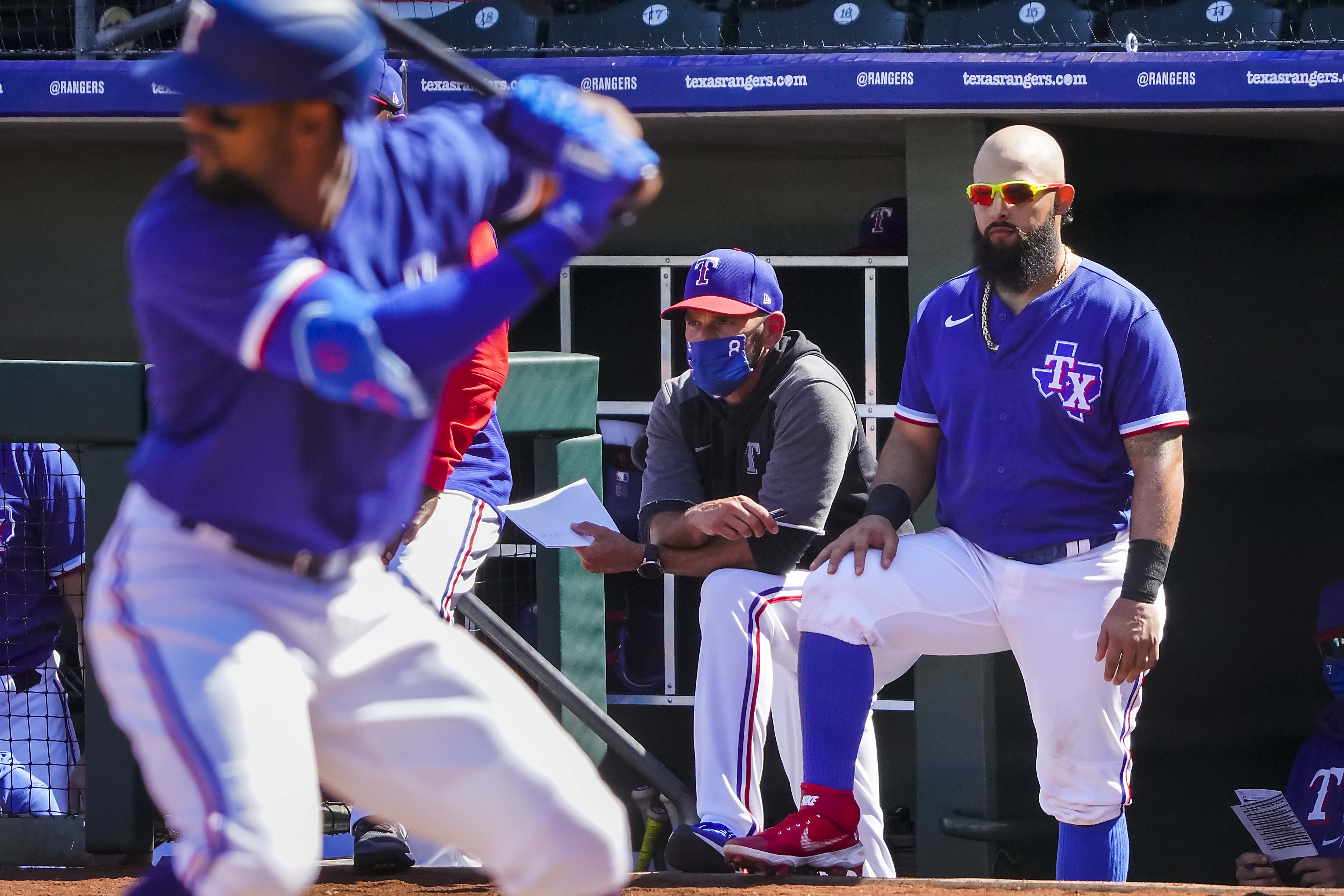 San Diego Padres' Rougned Odor talks to teammates in the dugout