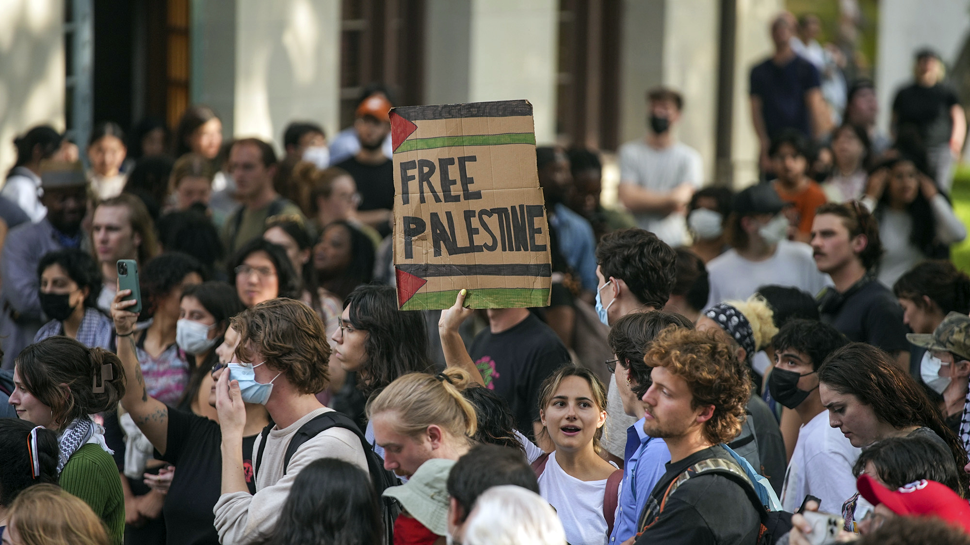 Pro-Palestinian supporters protest at the University of Texas Wednesday, April 24, 2024, in...