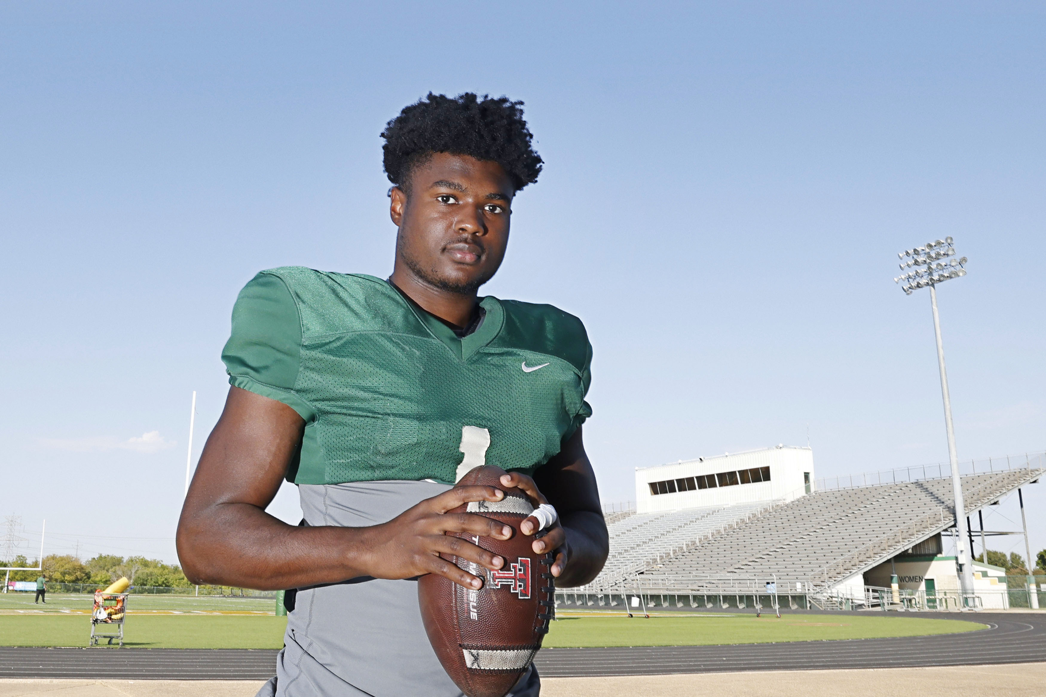 DeSoto running back Deondrae "Tiger" Riden poses for a photo at Eagle Stadium, Wednesday,...