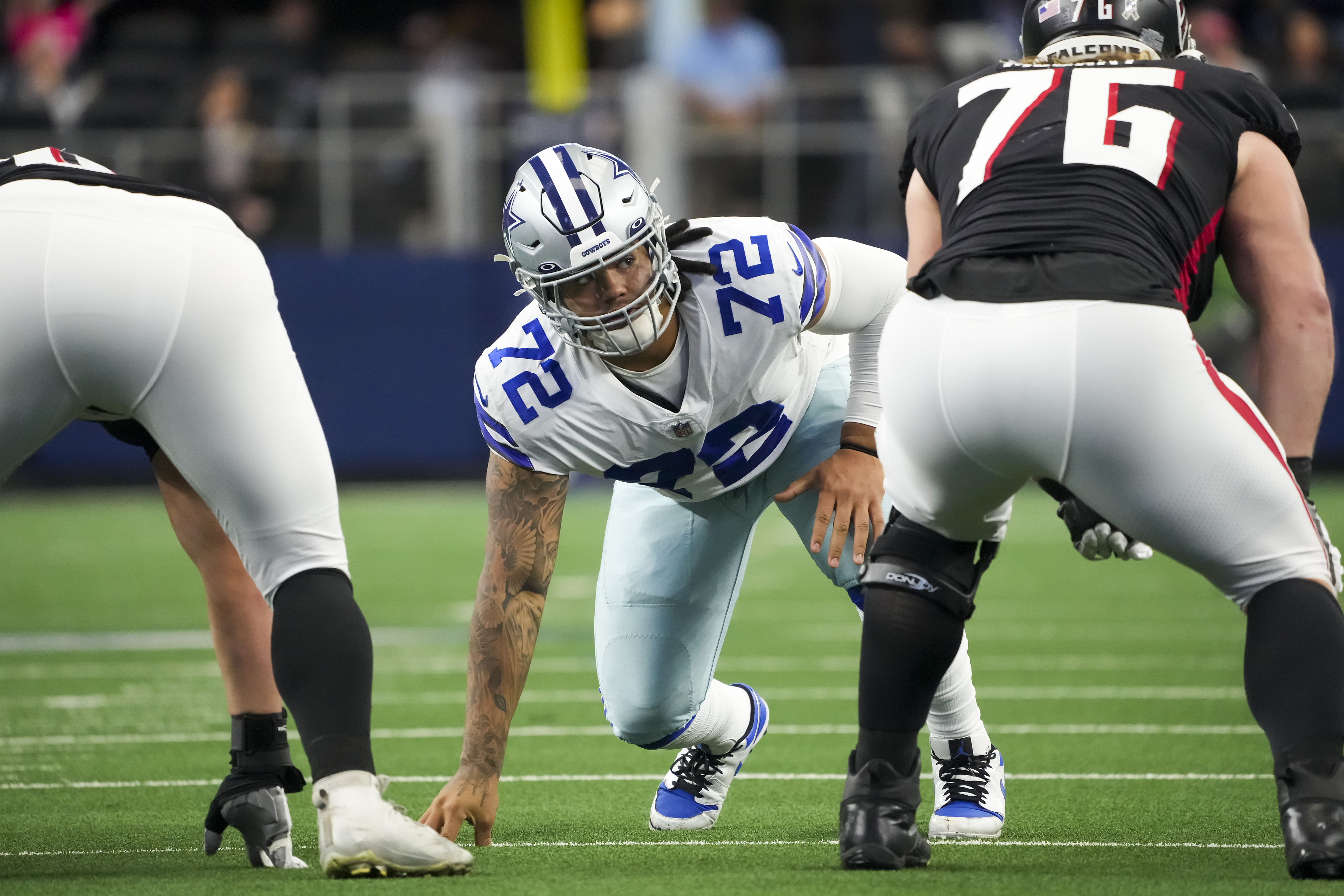 Dallas Cowboys defensive tackle Trysten Hill (72) rushes as Atlanta Falcons  offensive guard Chr …