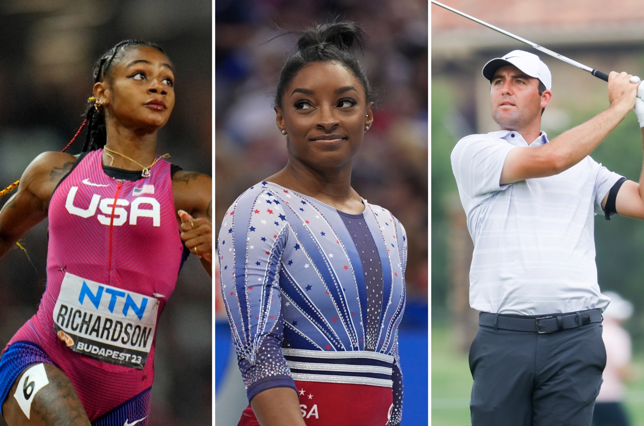 Sha'Carri Richardson (left), Simone Biles (center) and Scottie Scheffler (right).