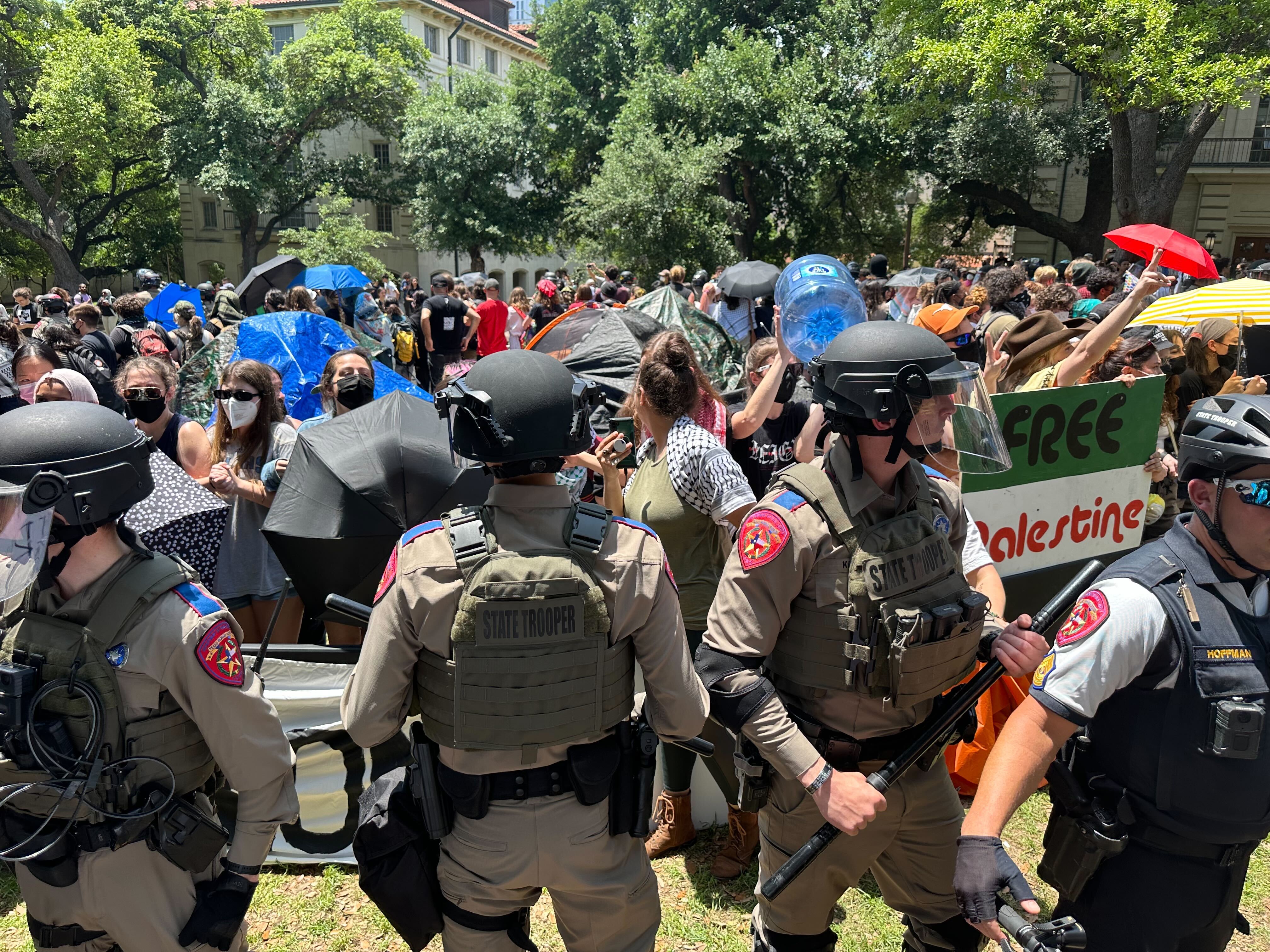 State troopers surround pro-Palestinian student encampment at the University of Texas at...