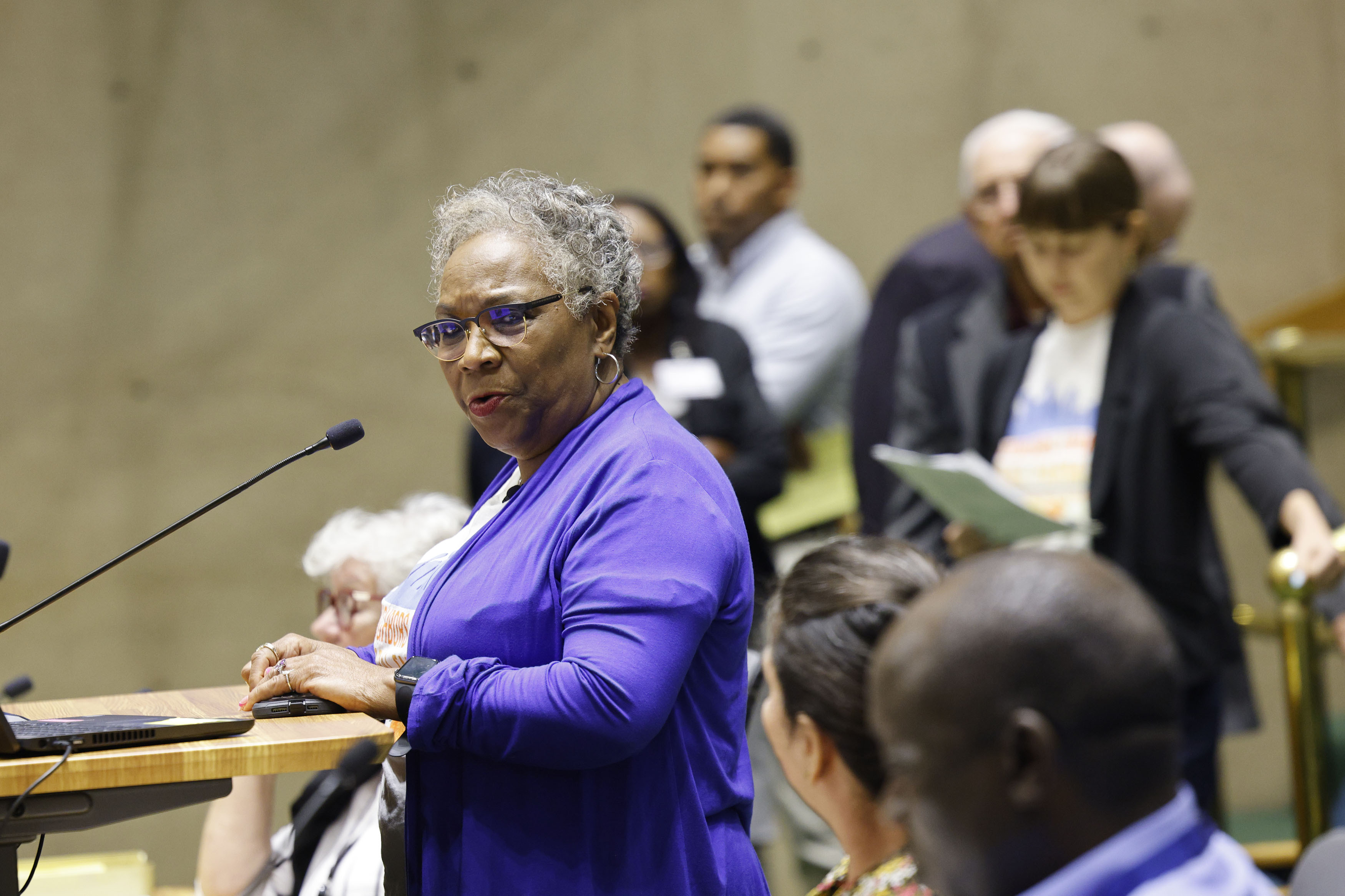 Marsha Jackson, whose backyard was next to Shingle Mountain, speaks during a City Plan...