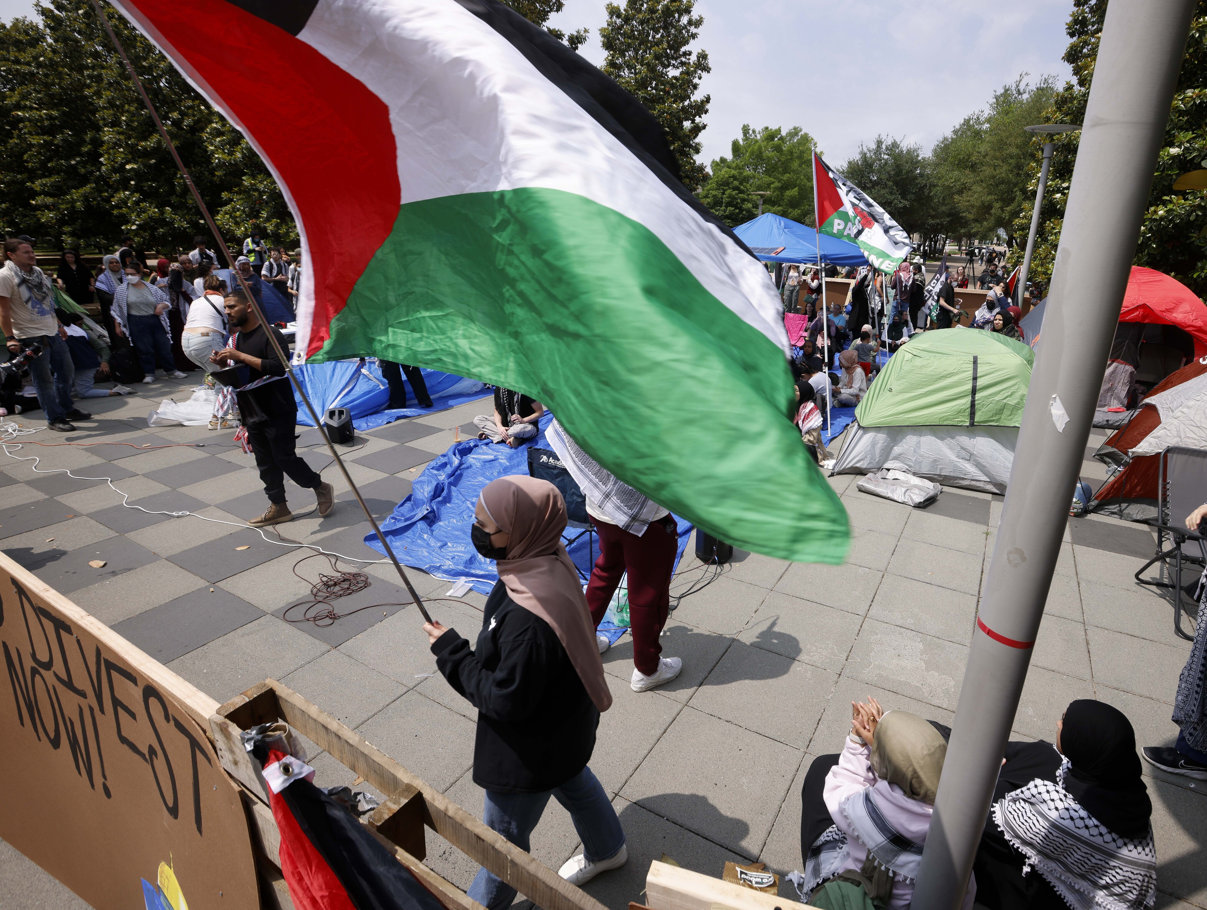 Pro-Palestinian students at the University of Texas at Dallas set up an encampment on the...