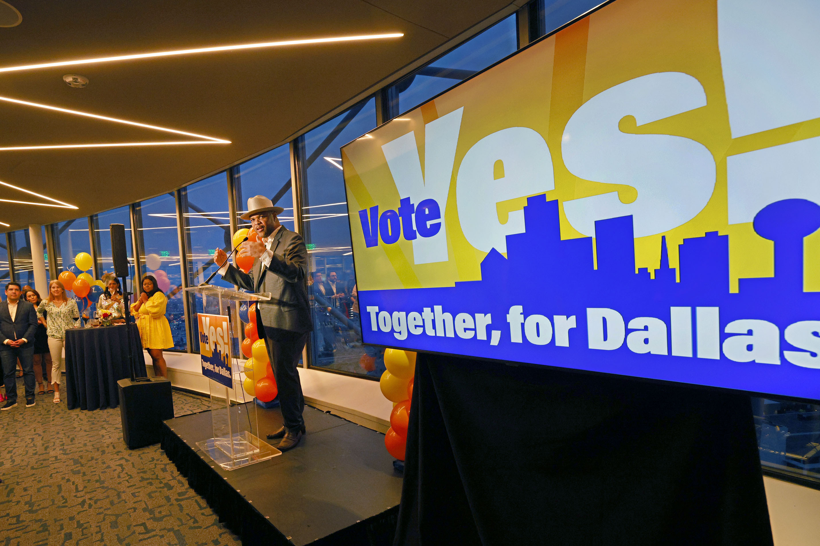 Dallas Mayor Eric Johnson speaks during an election night party at Reunion Tower Saturday,...