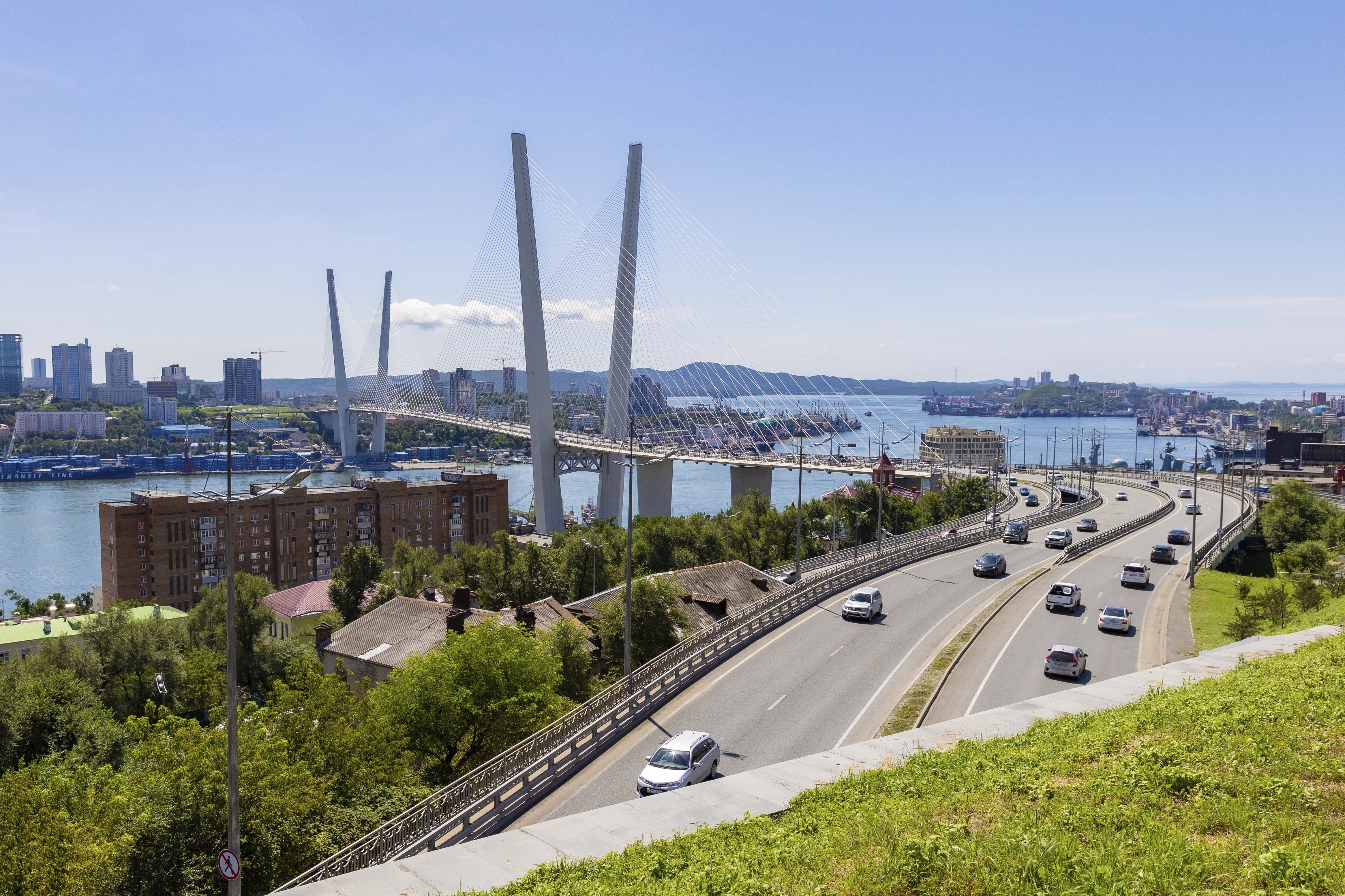 This is an August 2023 view of the bridge connecting Vladivostok in Russia's far east to...