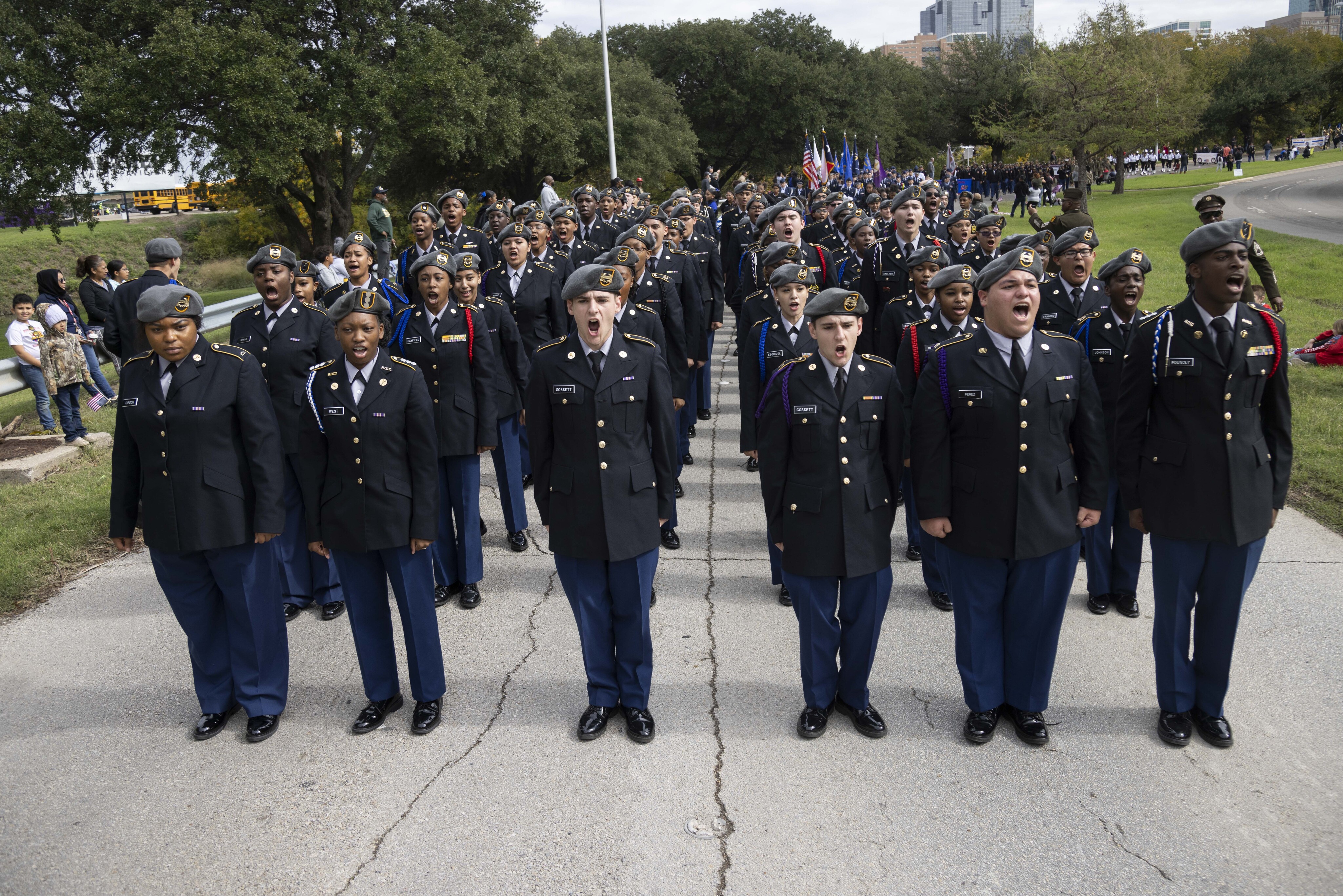 The North Crowley High School JROTC chanted as they marched in the Tarrant County Veterans...