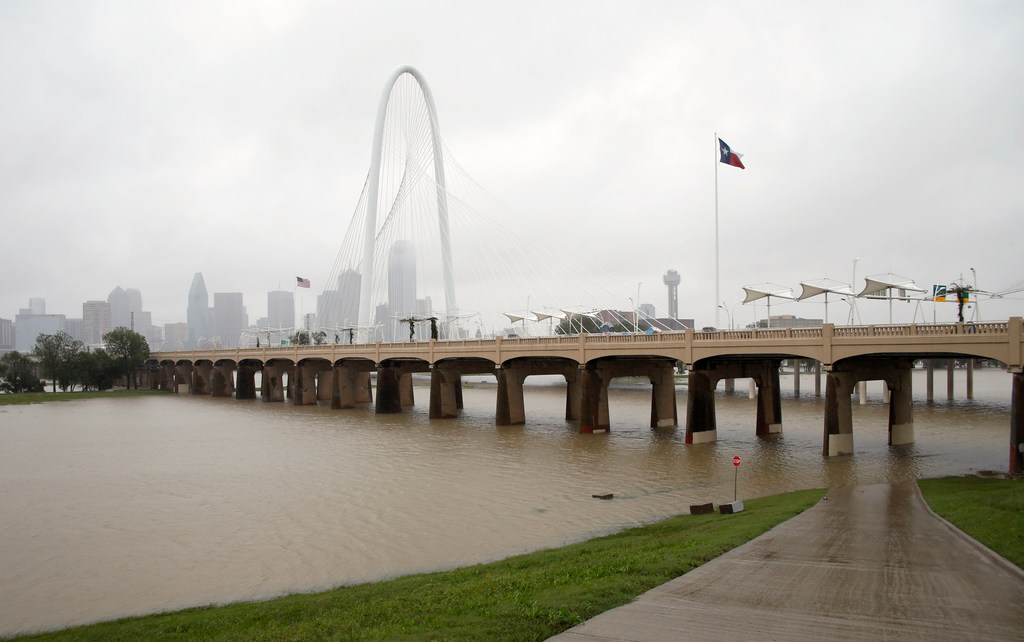 Rain falls near the Trinity River in downtown Dallas on Monday, October 15, 2018.