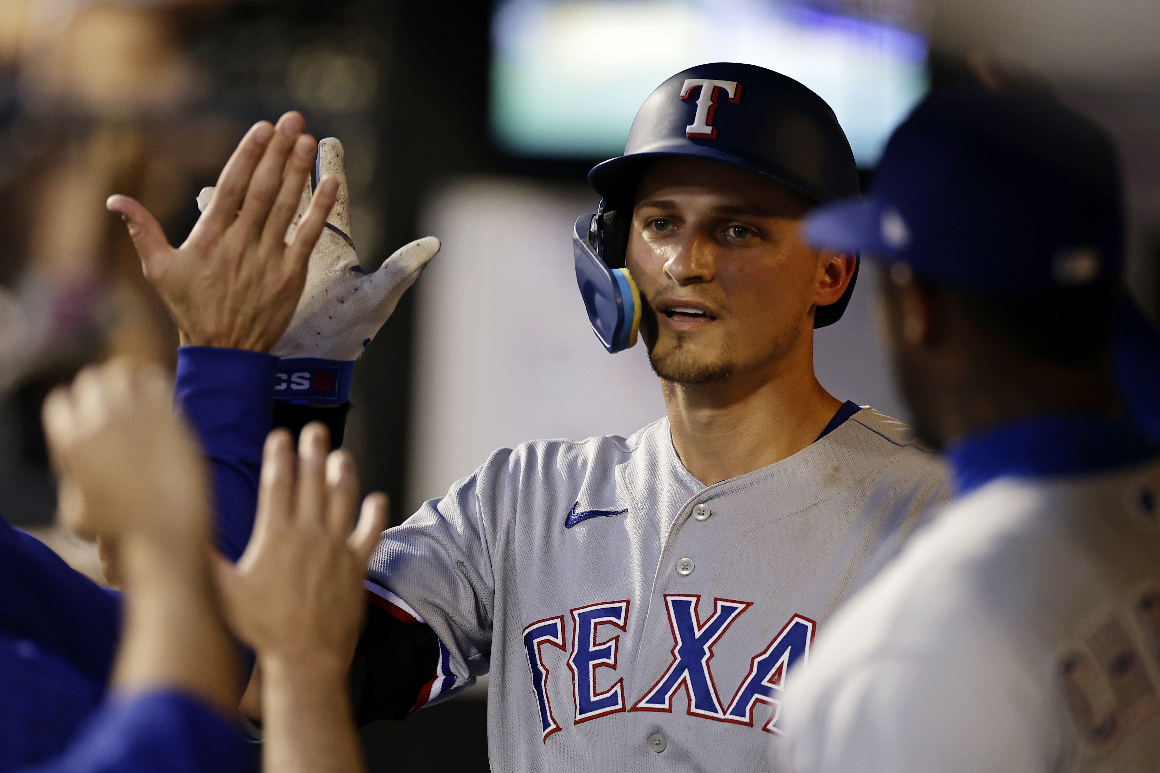 Texas Rangers' Corey Seager looks on after striking out during the first  inning of a baseball game against the Seattle Mariners, Thursday, Sept. 28,  2023, in Seattle. (AP Photo/Lindsey Wasson Stock Photo 