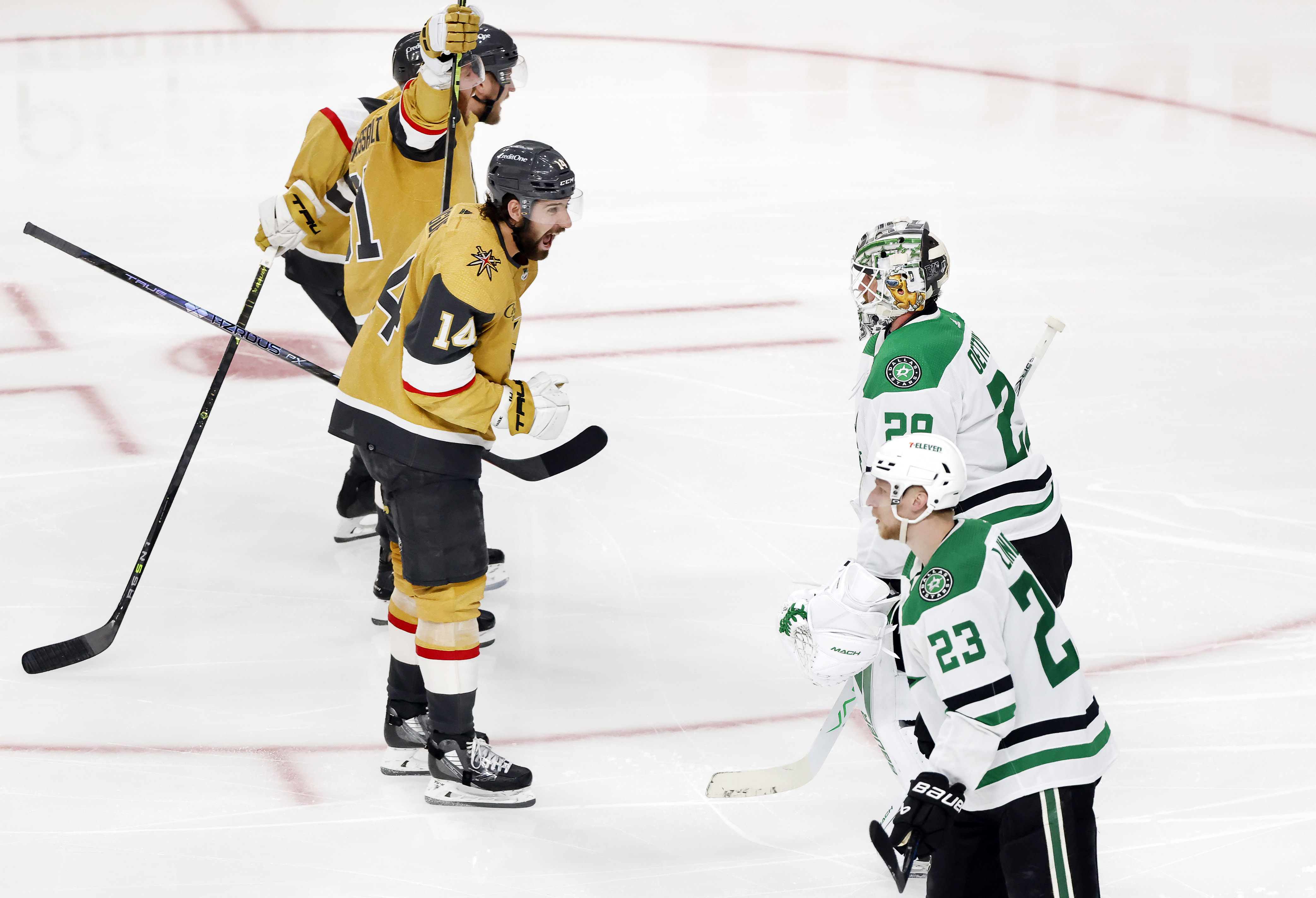 Vegas Golden Knights defenseman Alec Martinez, center, celebrates his goal  with center Jack Eichel, left, left wing William Carrier, second right, and  defenseman Alex Pietrangelo (7) during the second period in Game