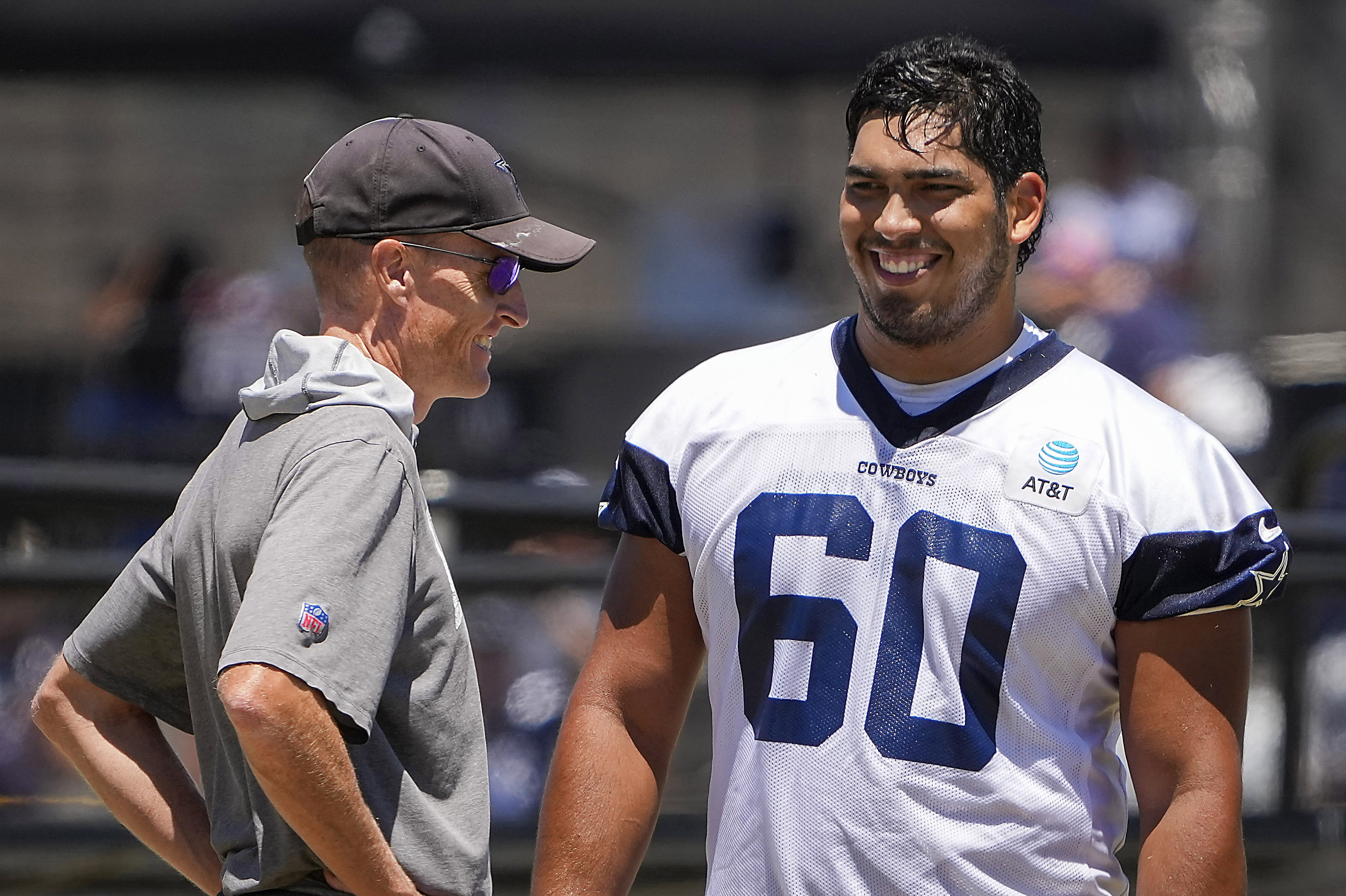 Dallas Cowboys offensive tackle Isaac Alarcon (60) waits for play to begin  during the second half of an NFL preseason football game against the  Jacksonville Jaguars, Saturday, Aug. 12, 2023, in Arlington