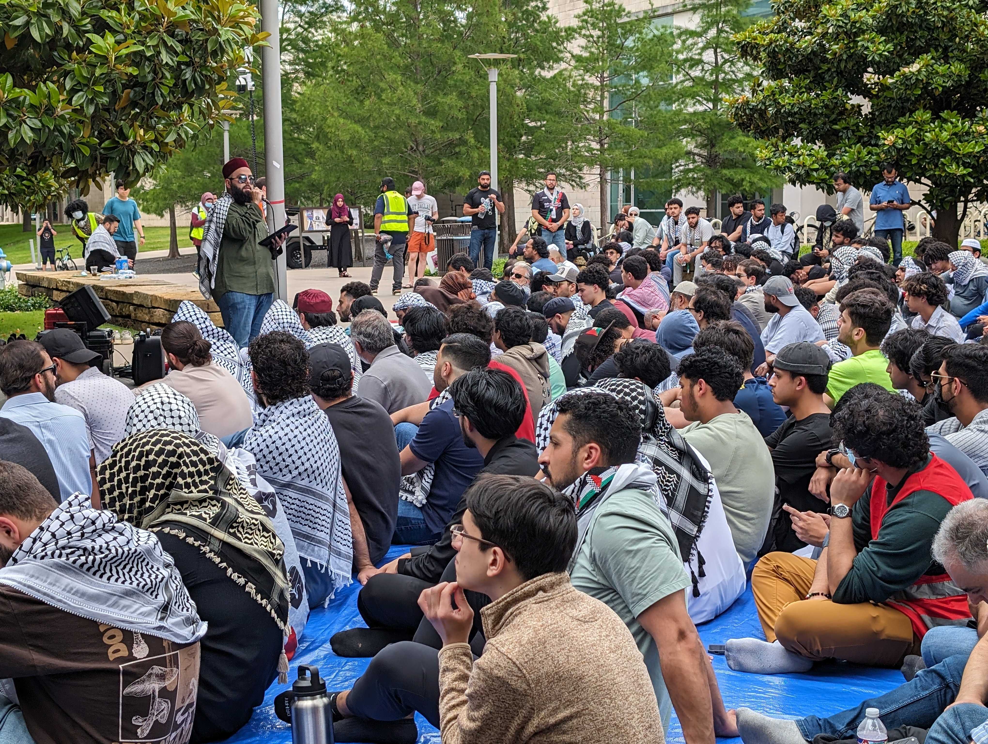 Hundreds of students and others gathered at the University of Texas at Dallas for Jummah,...