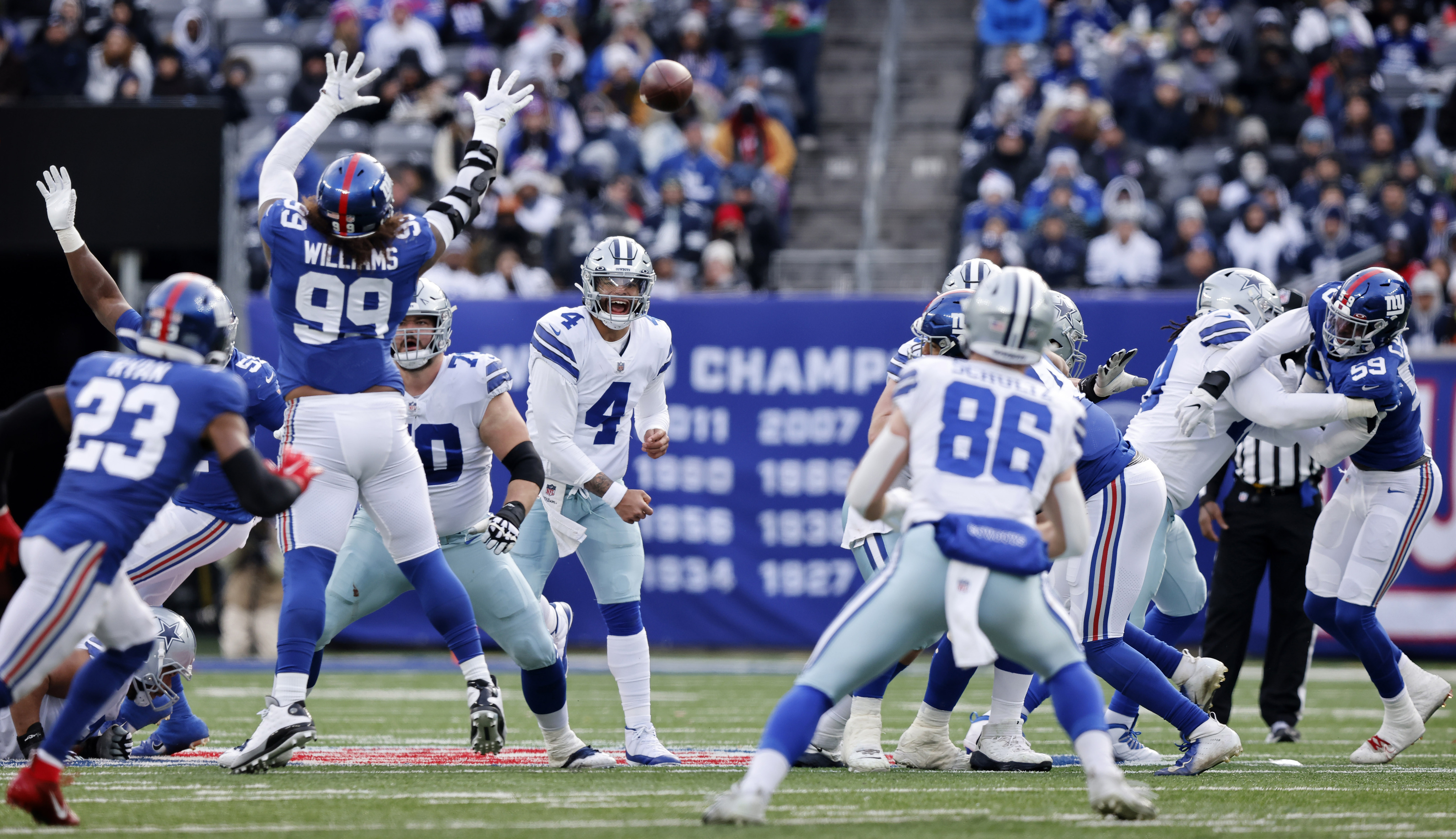 Dallas Cowboys Dak Prescott throws a pass in the first half against the New  York Giants in week 14 of the NFL at MetLife Stadium in East Rutherford,  New Jersey on December