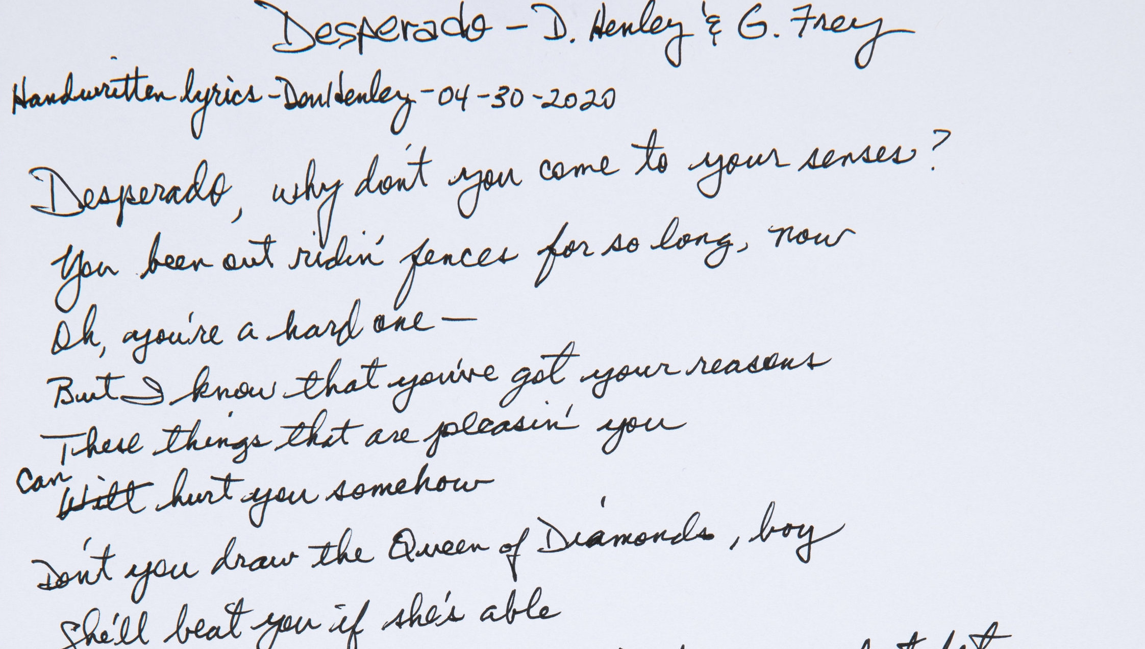 Don Henley jotted down the lyrics to 'Desperado' in April. They sold for  $33,000 this week