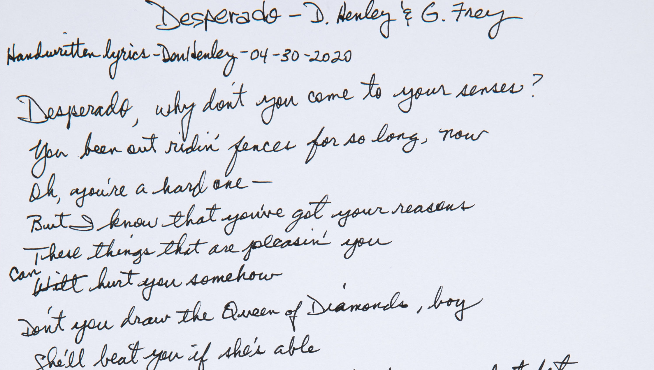 Don Henley Jotted Down The Lyrics To Desperado In April They Sold For 33 000 This Week