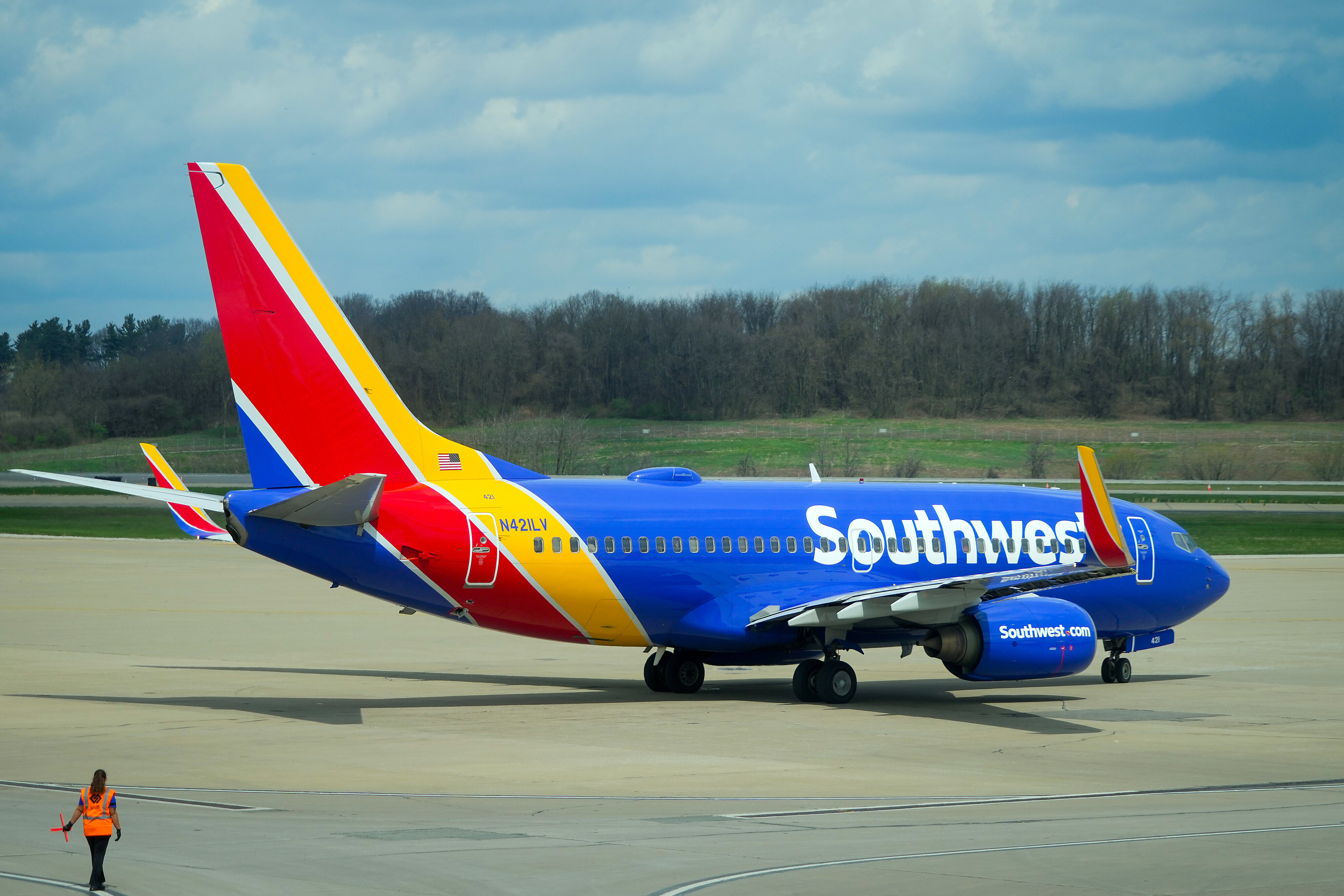 A Southwest Airlines flight pushes back from the gates at Pittsburgh International Airport...