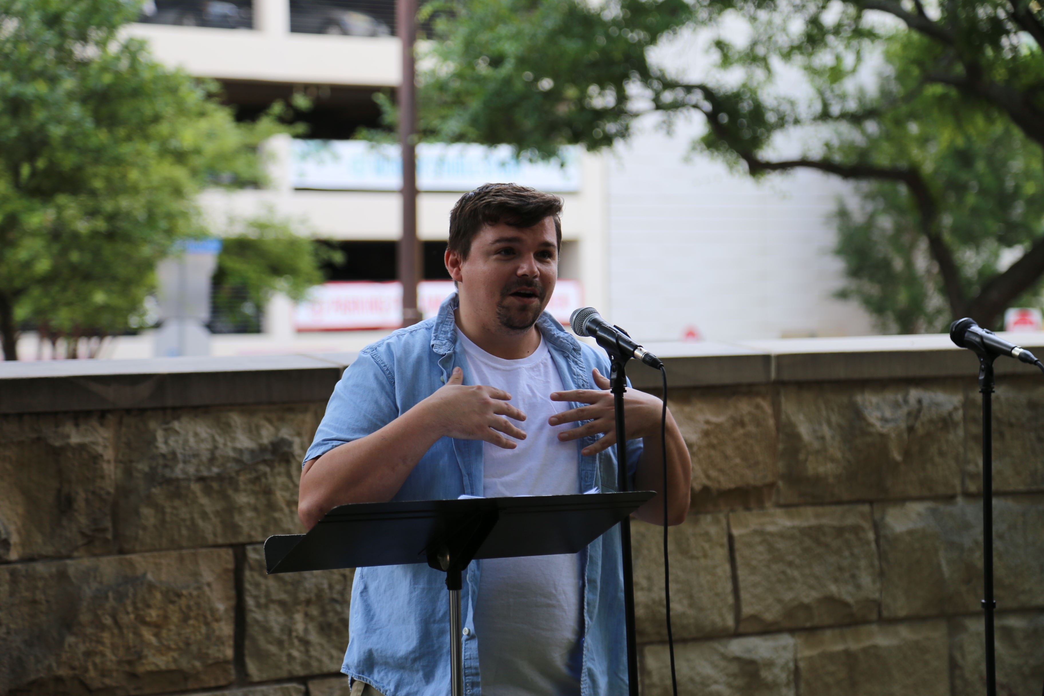 Aaron Reindel preaches at First United Methodist Church in Dallas.