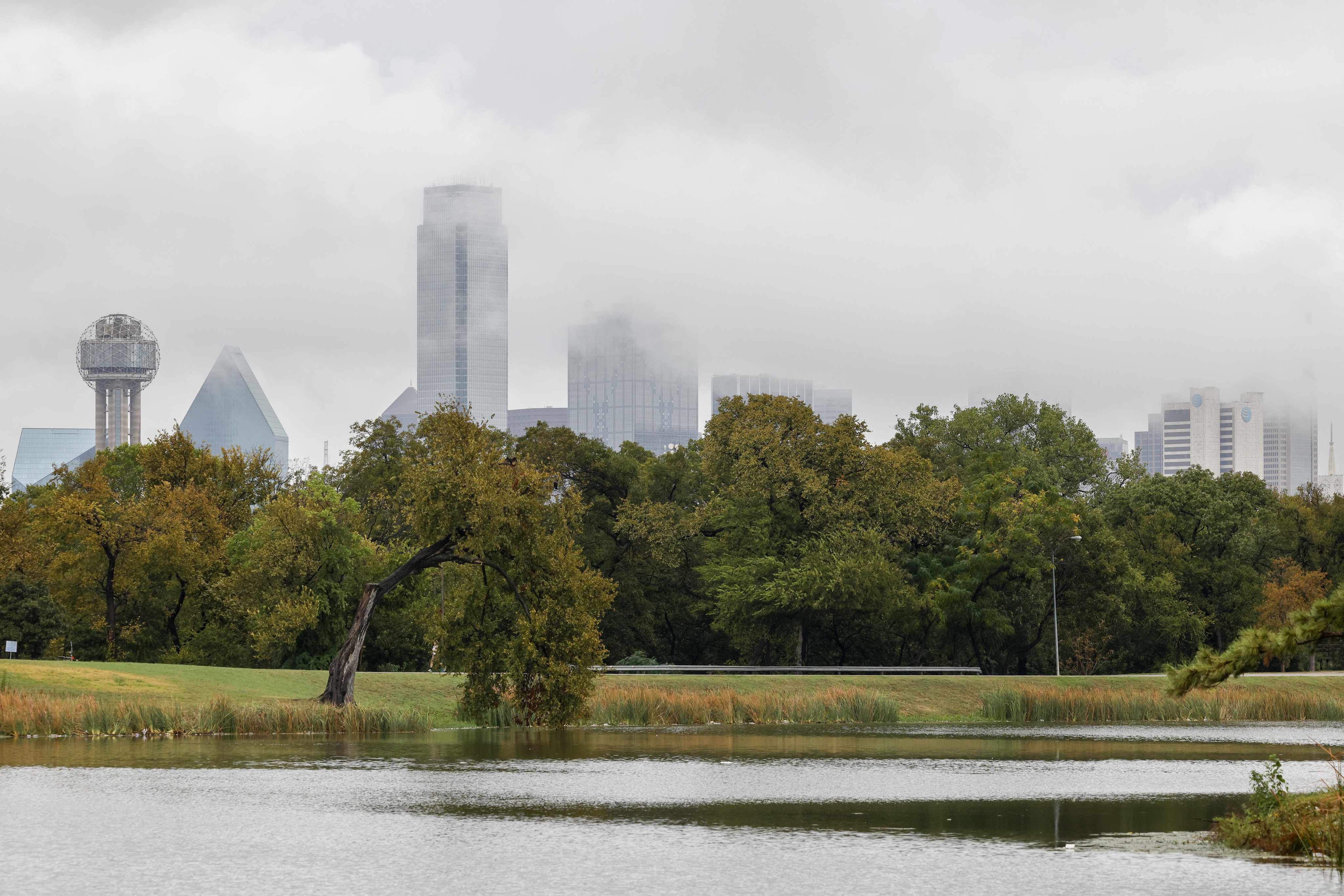 The downtown Dallas skyline emerges from a layer of low clouds as seen from Lake Cliff Park...