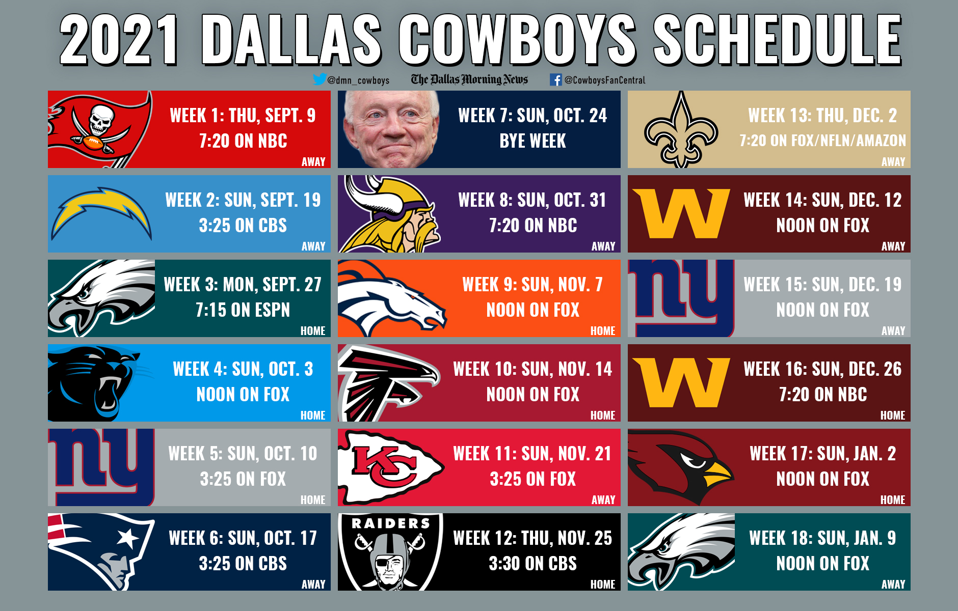 Cowboys: Calendario completo del equipo de Dallas para la temporada 2021 de  la NFL