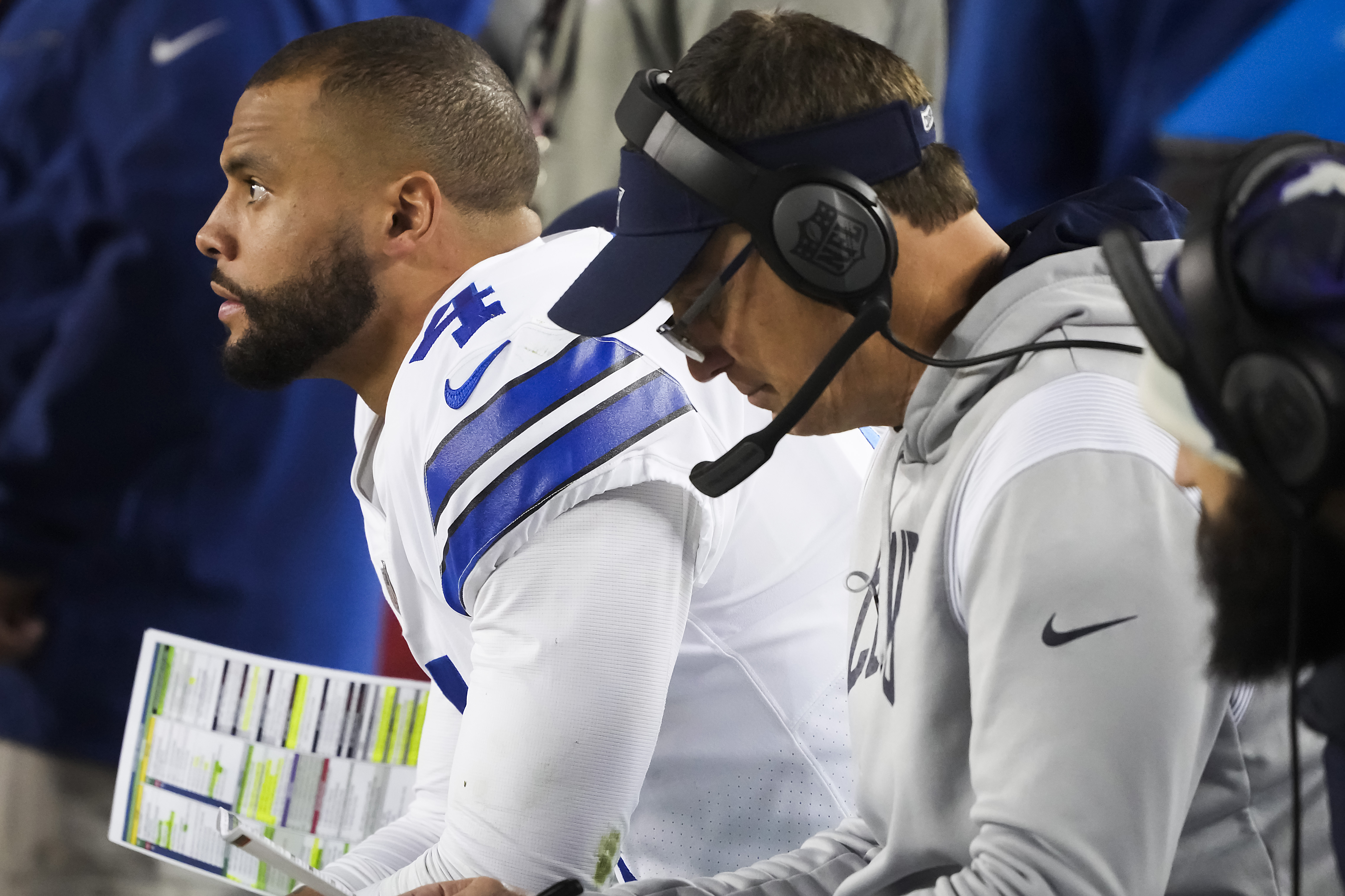 San Francisco 49ers linebacker Fred Warner (54) and Dallas Cowboys wide  receiver CeeDee Lamb (88) after a stop during an NFL divisional round  playoff football game, Sunday, Jan. 22, 2023, in Santa