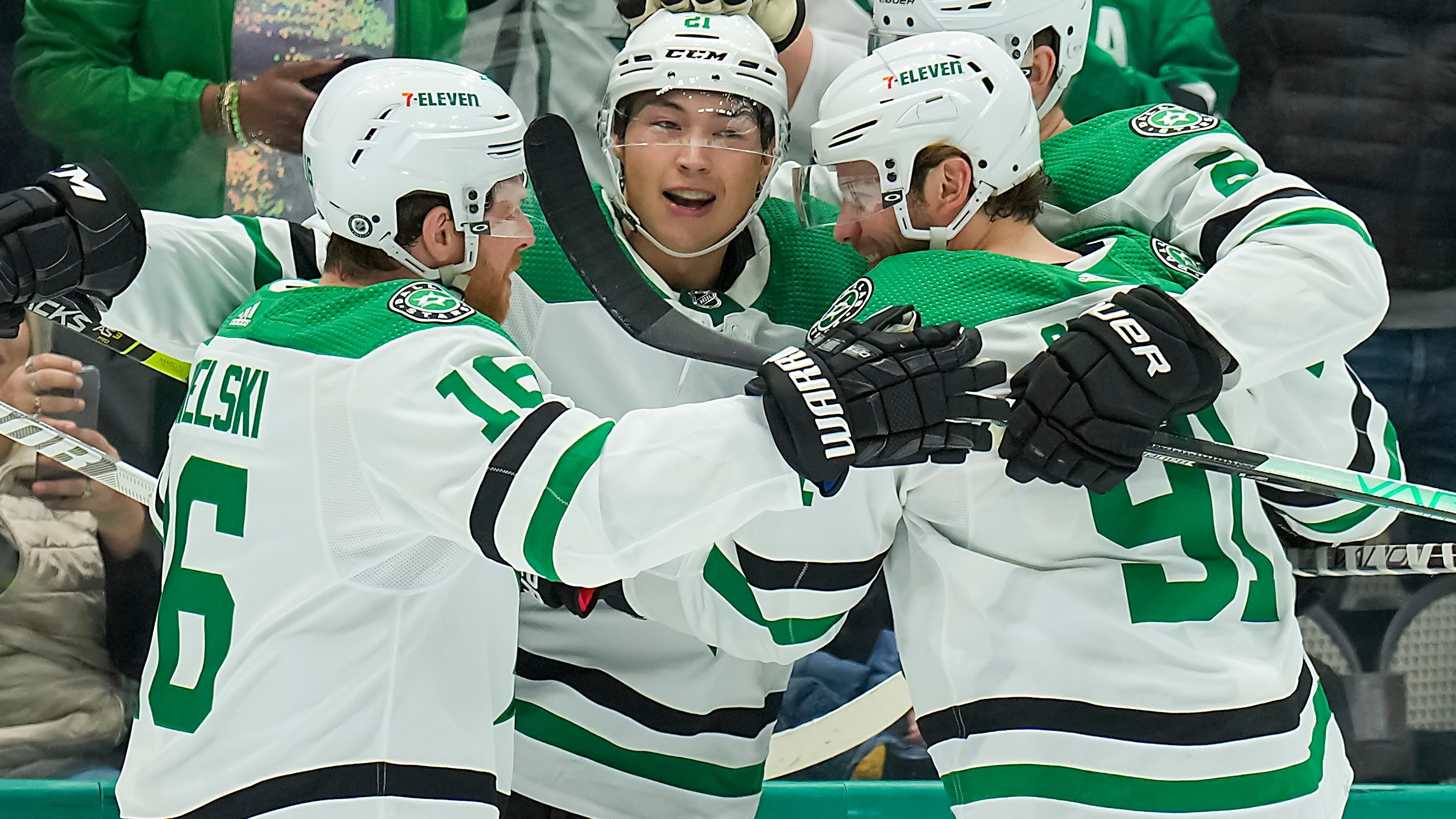 Dallas Stars' Jason Robertson celebrates after scoring a goal during the  first period of an NHL hockey game against the New York Islanders Tuesday,  Jan. 10, 2023, in Elmont, N.Y. (AP Photo/Frank