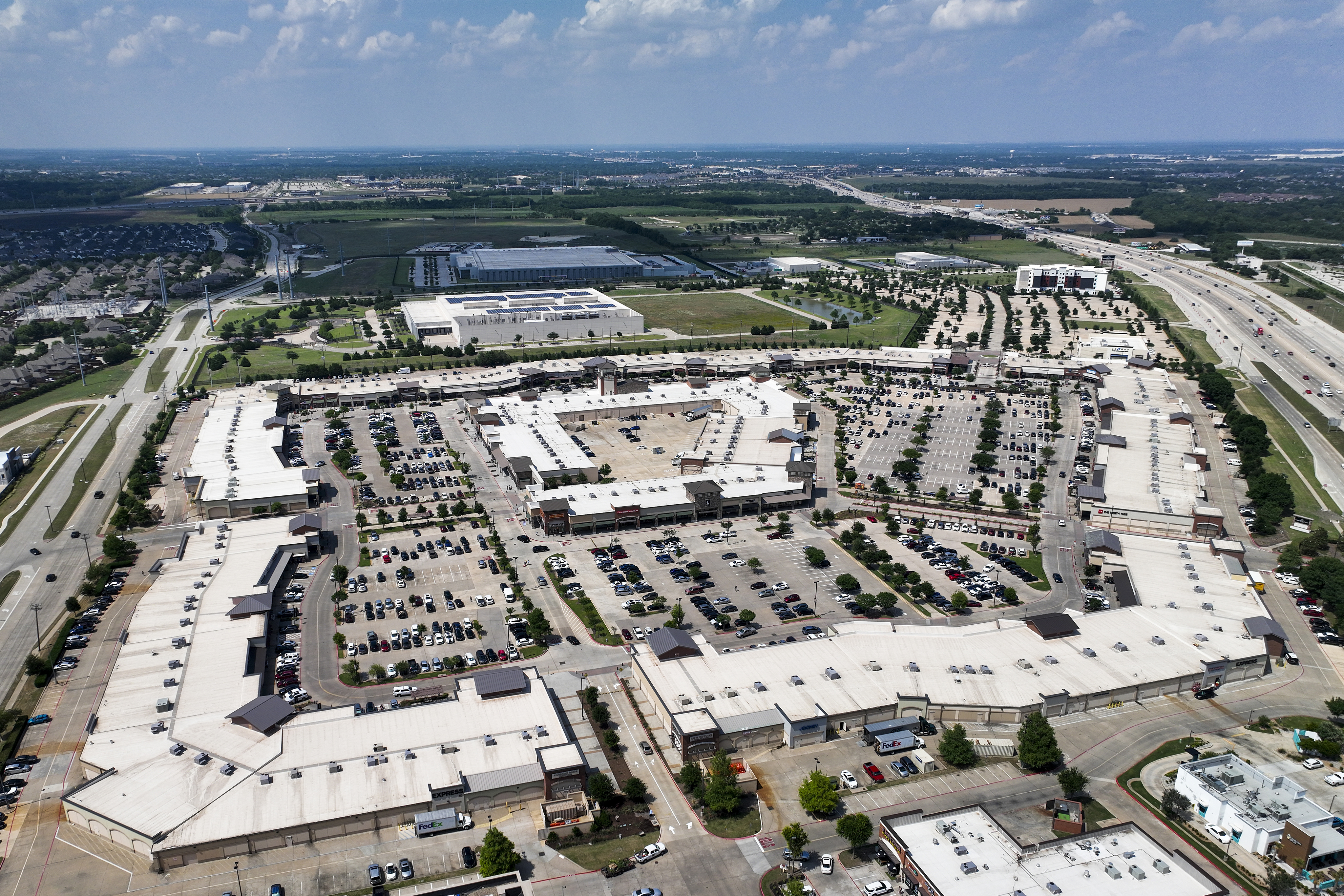 Aerial view of the Allen Premium Outlets on the day it reopened, almost a month after the...
