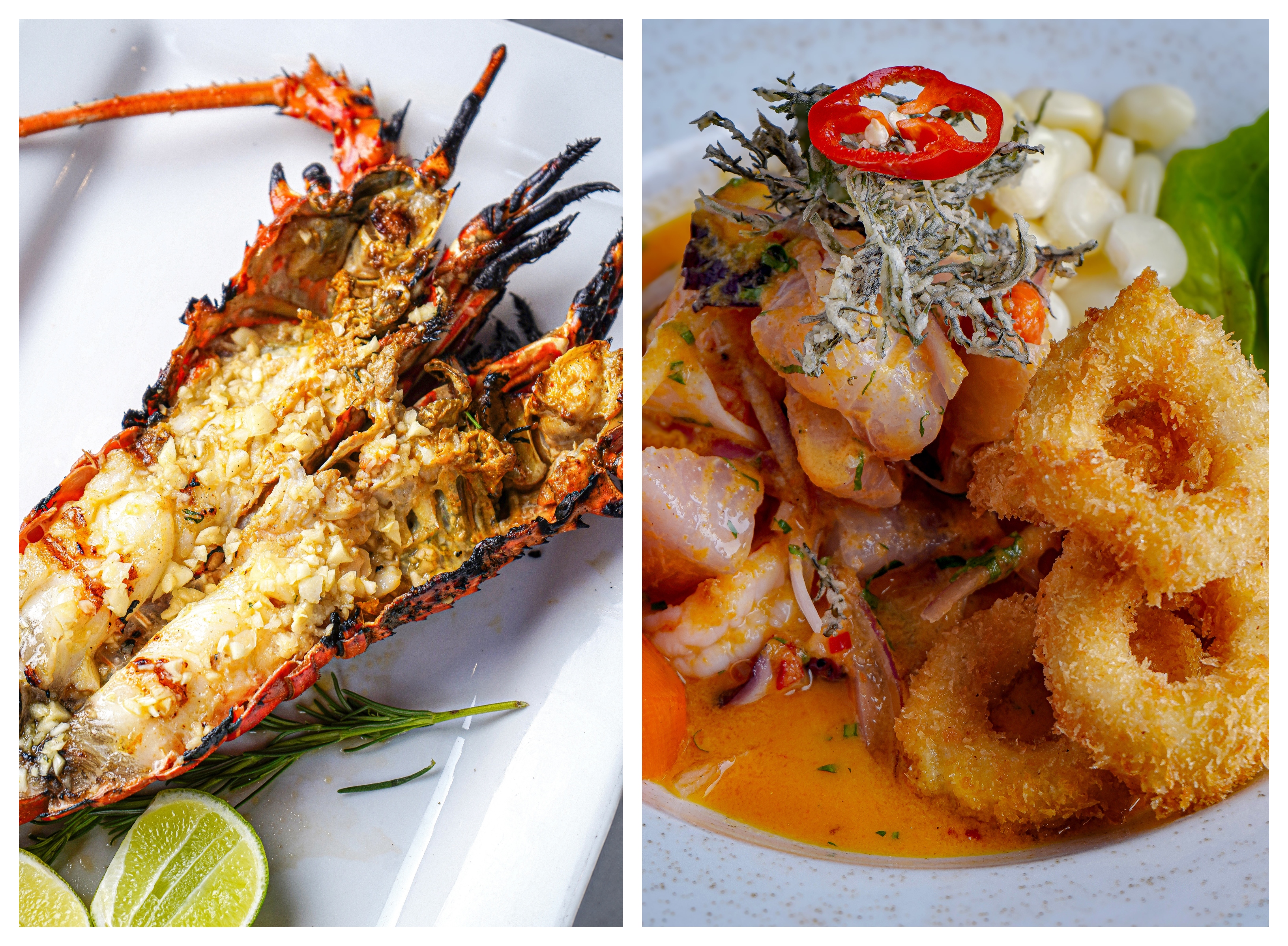 Langosta norteña a la parrilla, con su toque de ajos y limón. Derecha: Cebiche Portuaria al estilo carretillero, con pulpo, langostinos, conchas de abanico, y pesca del día. Todo se adereza con pasta de ajíes ahumados (rocoto, ají amarillo y ají limo) y se corona con aros de calamar crocante.