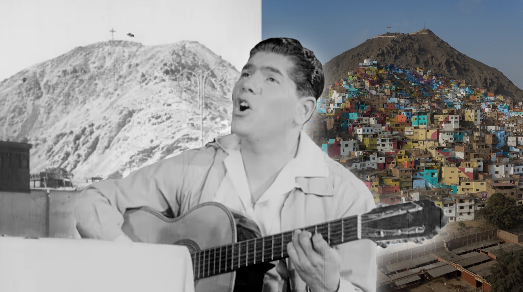 En primer plano, el 'Carreta' Jorge Pérez en el videoclip de "Yo la quería, patita". Al fondo, de izquierda a derecha, el Cerro San Cristóbal tal y como aparecía en dicho videoclip; así como en la actualidad. (Fotos: Archivo peruano de imagen y sonido/ César Campos para El Comercio)