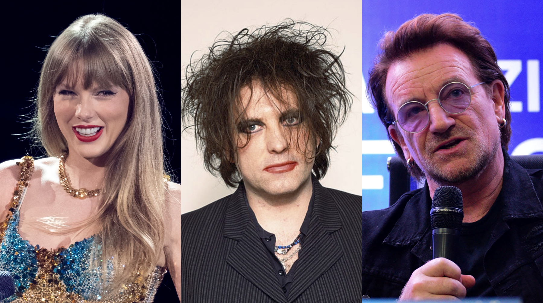 De izquierda a derecha los artistas Taylor Swift, Robert Smith de The Cure y Bono de U2. The Cure se presentará en Lima este 2023.