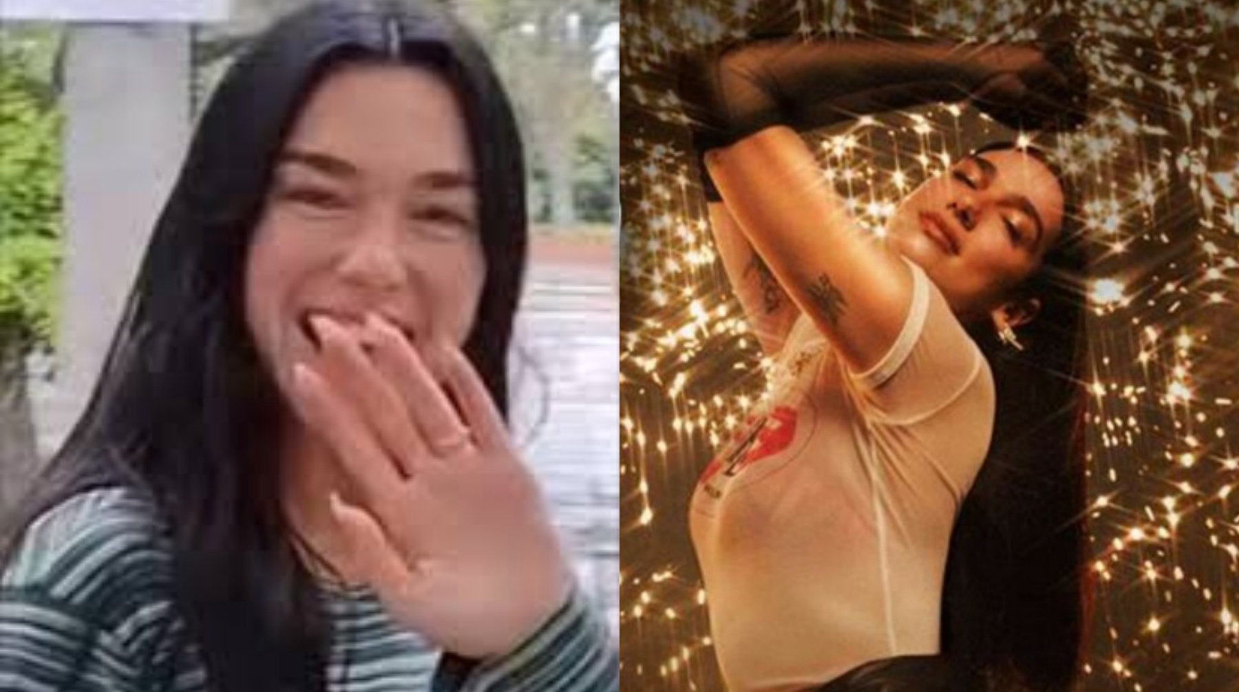 A la izquierda, Dua Lipa en su llegada a un hotel de Miraflores. A la derecha, arte oficial del Radical Optimism Tour; el concierto de la artista es este martes 25 en el Estadio San Marcos.