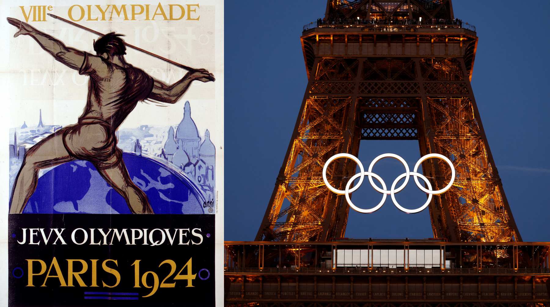 A la izquierda, un afiche promocional de los Juegos Olímpicos de Paris (1924). A la derecha, la Torre Eiffel ataviada para celebrar los juegos de Paris 2024.