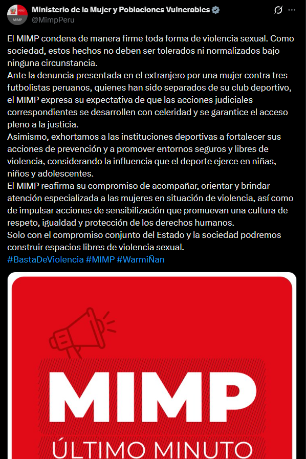 Comunicado del MIMP sobre caso abuso sexual de 3 jugadores de Alianza Lima | Foto: X