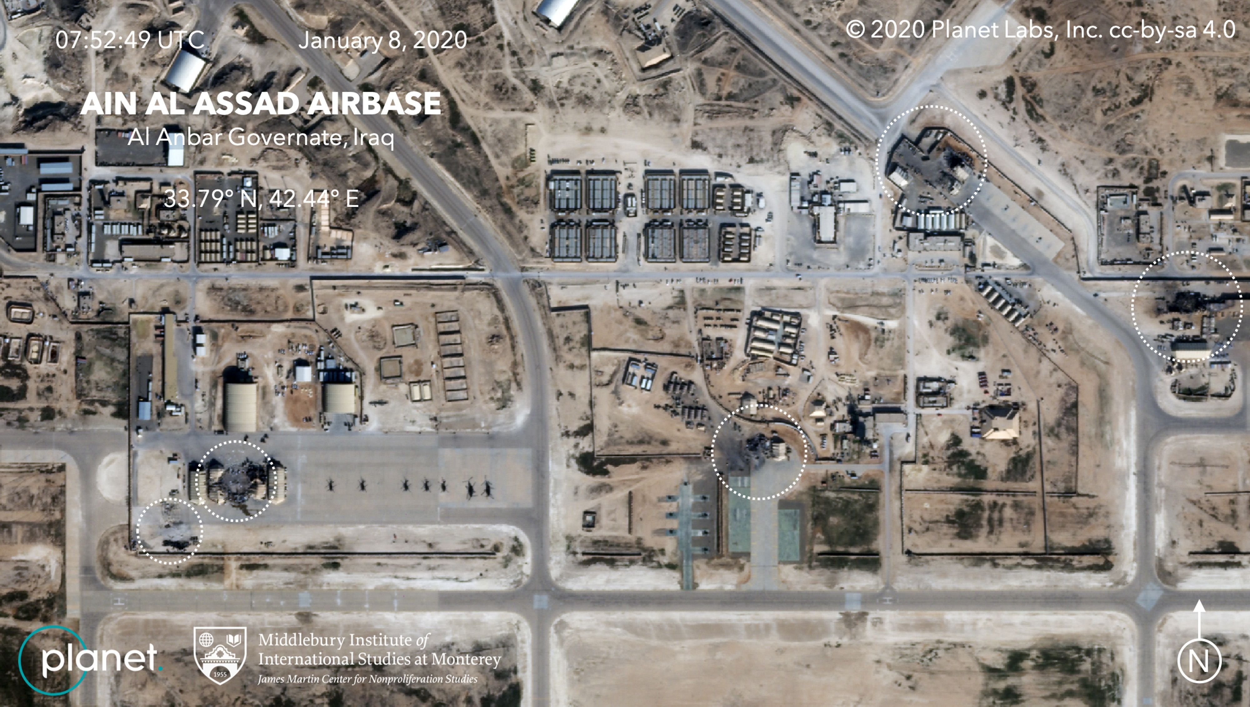 This January 8, 2020, satellite image released by Planet Labs Inc., and annotated analysis by Middlebury Institute of International Studies at Monterey (MIIS), reportedly shows damage to the Ain al-Asad US airbase in western Iraq, after being hit by rockets from Iran. Iran fired a volley of missiles on January 8 at Iraqi bases housing US and other foreign troops, the Islamic republic's first act in its promised revenge for the US killing of Iranian General Qasem Soleimani. - RESTRICTED TO EDITORIAL USE - MANDATORY CREDIT "AFP PHOTO / Planet Labs Inc. / MIIS" - NO MARKETING - NO ADVERTISING CAMPAIGNS - DISTRIBUTED AS A SERVICE TO CLIENTS
 / AFP / Planet Labs Inc., MIIS / HO / RESTRICTED TO EDITORIAL USE - MANDATORY CREDIT "AFP PHOTO / Planet Labs Inc. / MIIS" - NO MARKETING - NO ADVERTISING CAMPAIGNS - DISTRIBUTED AS A SERVICE TO CLIENTS
