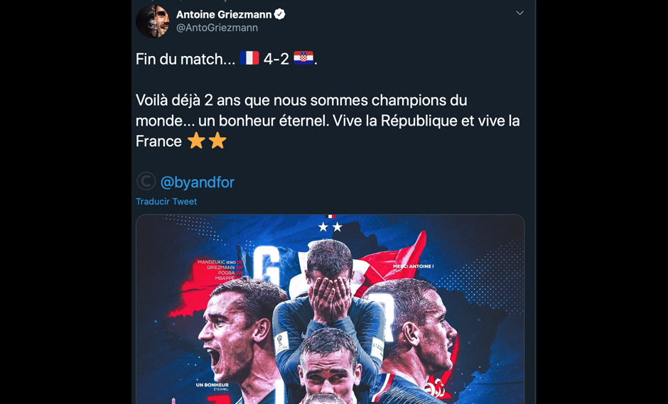 Antoine Griezmann recordó el título de Francia en el mundial Rusia 2018 en redes sociales
