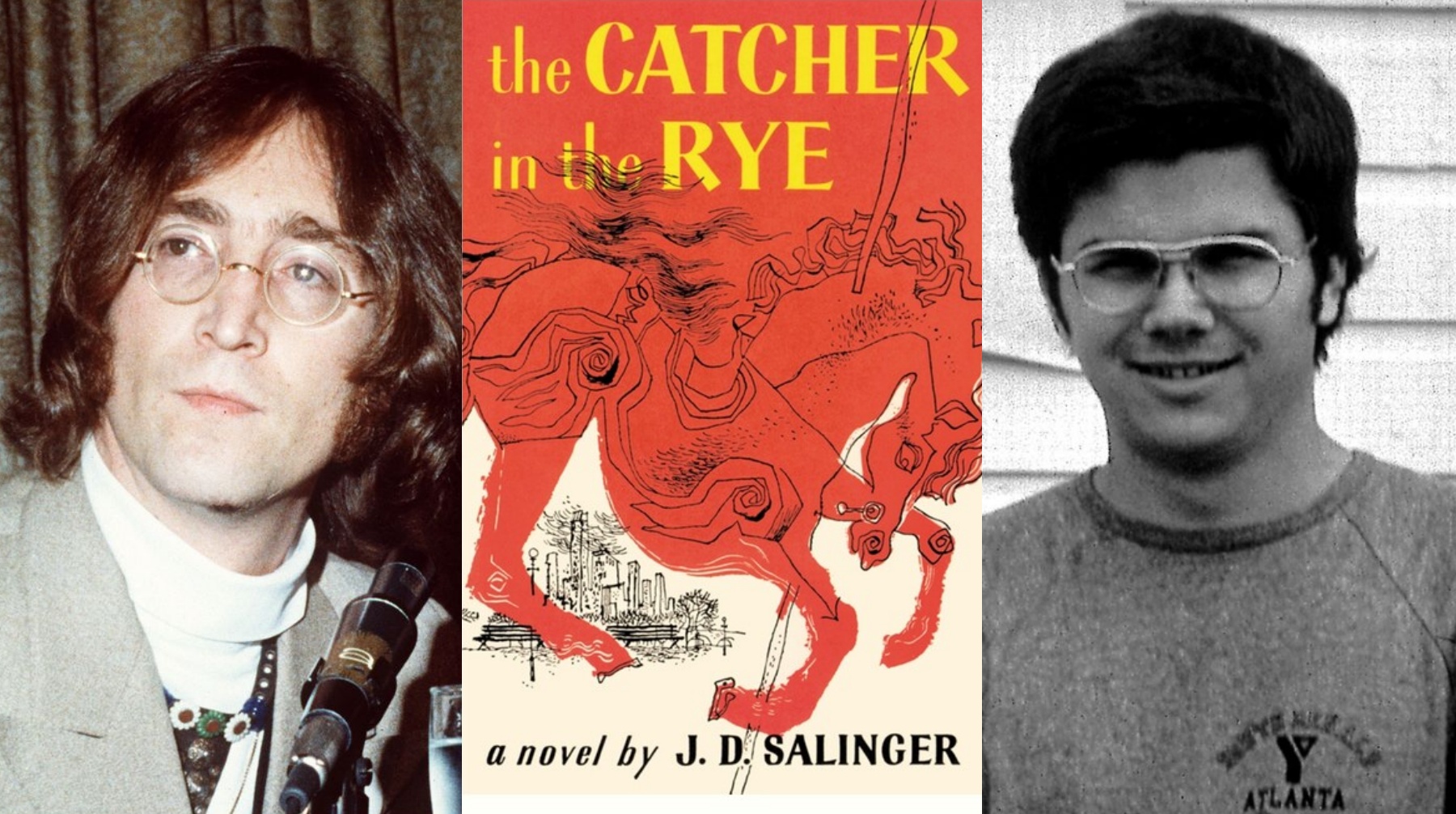 John Lennon (izquierda) y su asesino Mark David Chapman (Derecha). Este 8 de diciembre se cumplen 40 años desde el asesinato que cambió el mundo de la música. al centro, la portada original de "El guardián entre el centeno" de J.D. Salinger, novela que influyó en la vida del criminal. (Foto: AP)