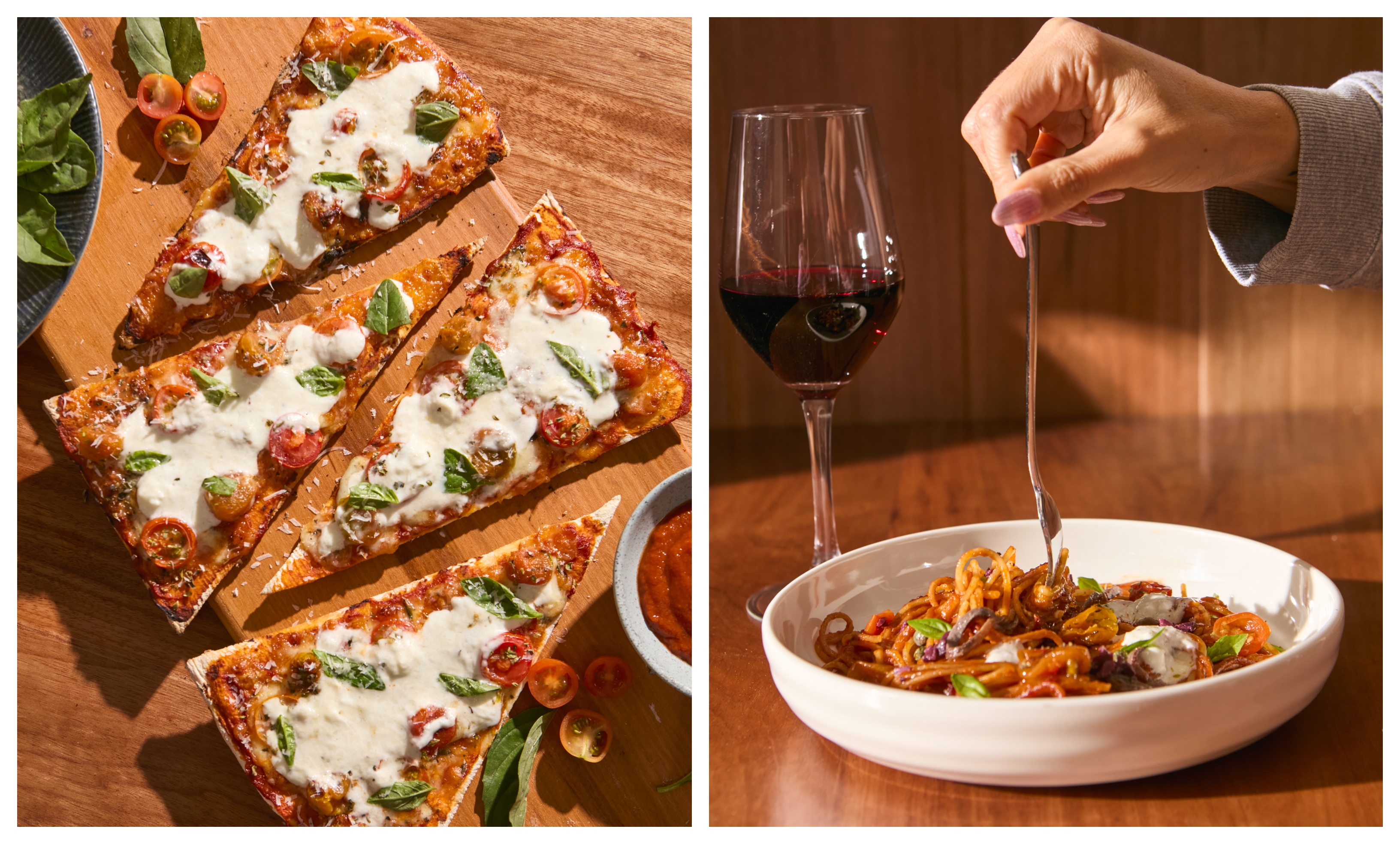 Pizza Margherita con stracciatella, miel, albahaca y tomates cherry.Derecha: Socarrat putanesca: spaguettini, passata, olivas, alcaparras y anchoas.