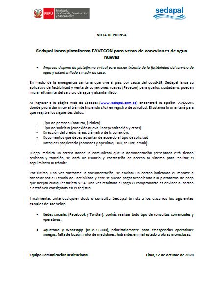 Tramite Sedapal Lanza Plataforma Virtual Para Solicitar Nueva Conexion De Agua Nndc Peru Gestion