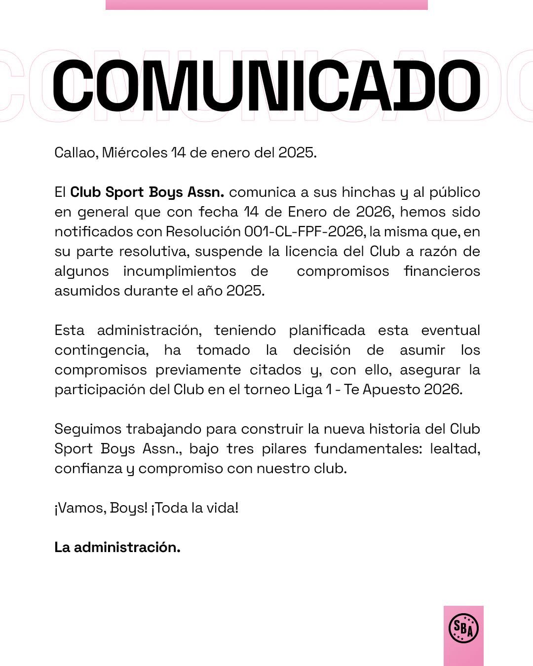 Comunicado de Sport Boys sobre su licencia suspendida. (Imagen: Sport Boys)