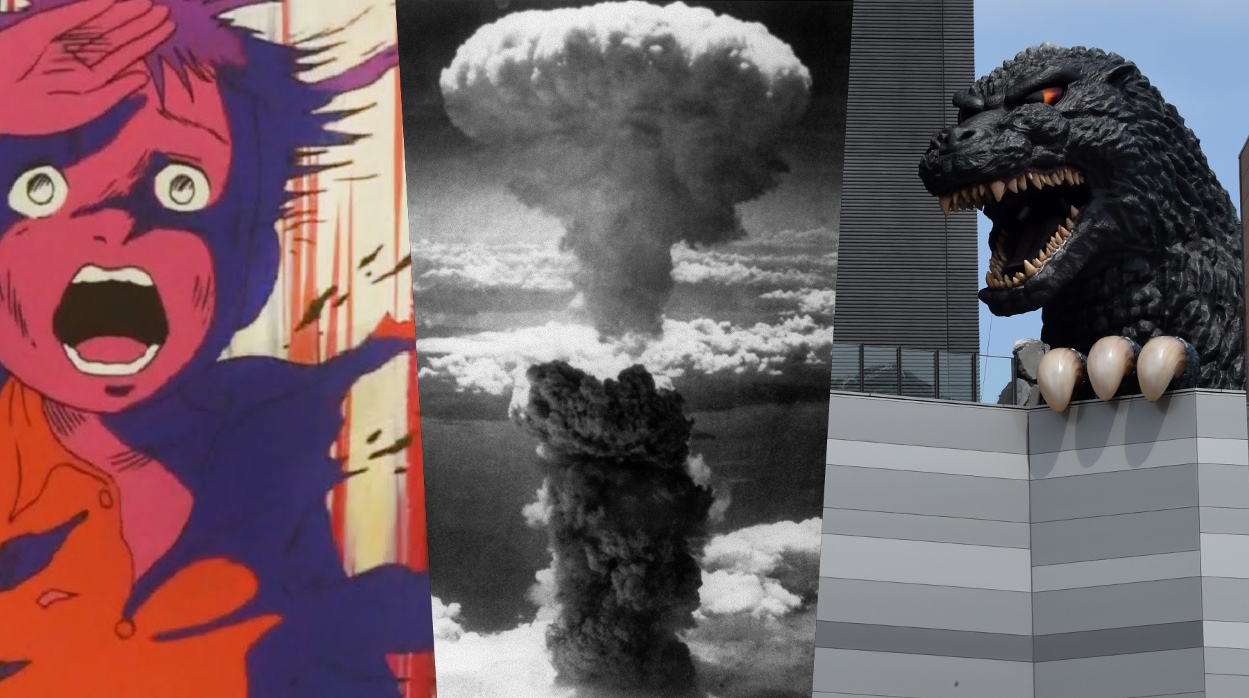 En los extremos, un niño del anime "Bareefoot Gen" y Godzilla; hijos de las bombas atómicas que marcaron para siempre a Japón en agosto de 1945. Fotos: Herald Enterprises/ Archivo AFP y  Toru Yamanaña para AFP.