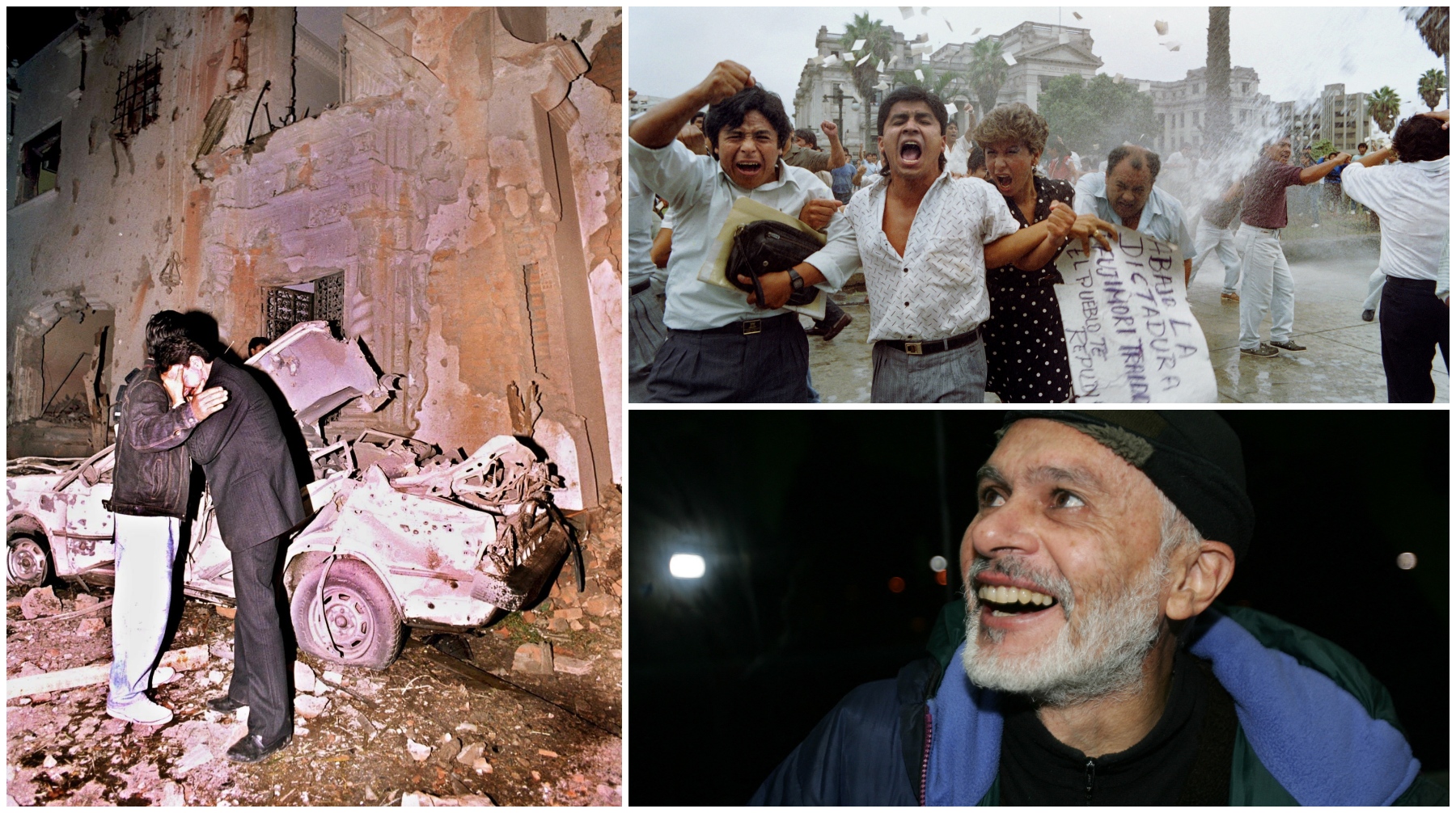 A la izquierda, el atentado a canal 2 de Lima en junio de 1992. A la derecha, en el espacio superior, manifestantes en abril de 1992, tras el autogolpe de Alberto Fujimori. Ambas fotos fueron captadas por Jaime Rázuri, fotógrafo peruano de AFP. Por último, vemos al reportero tras su liberación luego de un secuestro en la franja de Gaza en 2007.