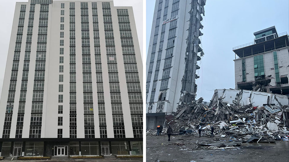 Antes y después: un bloque de apartamentos de reciente construcción en Iskanderun después del terremoto del 6 de febrero.