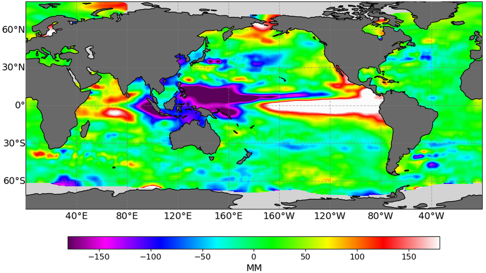 El fenómeno de El Niño de 1997 fue considrado como "histórico" por sus altas temperaturas y precipitaciones. Aquí, las imágenes satelitales de las ondas Kelvin del 13 de Diciembre de 1997. (LABORATORIO DE PROPULSIÓN DE JETS DE LA NASA).

