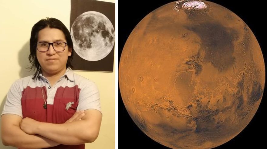 El ingeniero peruano Gustavo Jamanca mientras estudiaba en la Universidad Internacional del Espacio (ISU), con sede en Francia. El aspirante a astronauta está vinculado hoy a proyectos de C School of Mines. Al lado, el planeta Marte, en foto del 2020.