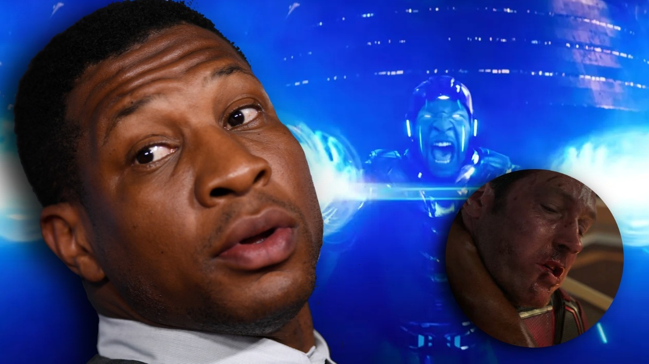 En primer plano, Jonathan Majors en la premiere de "Ant-Man and the Wasp: Quantumania", donde interpreta al villano Kang. Segundo plano: Majors, caracterizado. En el círculo, Paul Rudd como un maltrecho Hombre Hormiga.