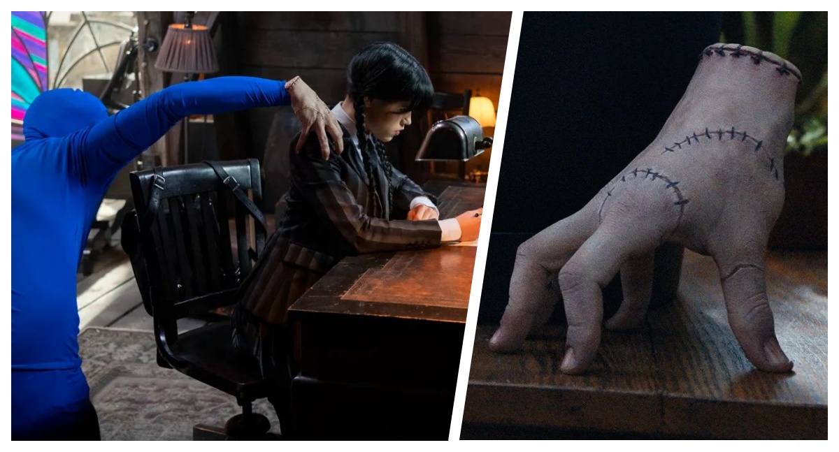 Victor Dorobantu junto a Jenna Ortega durante el rodaje de "Merlina". El rumano es el encargado de darle vida propia a Dedos, la simpática mano de la serie de Netflix. (Fotos: Netflix)