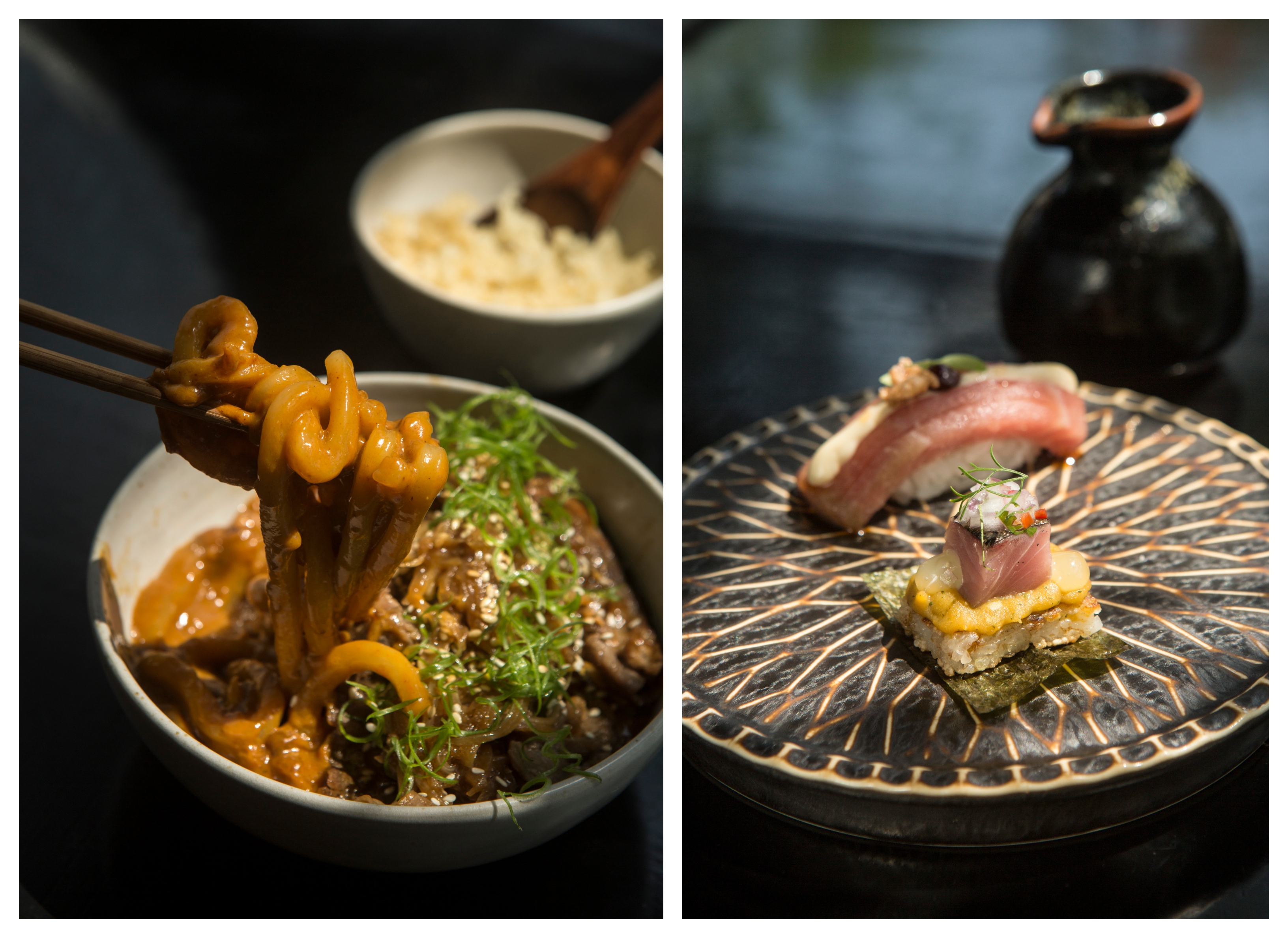 Dos bocados del menú degustación: adelante, yakisuhi, guiso piurano, bonito, gel de yuzu y chalaquita. Atrás, nigiri de toro con crujiente de sushi. Derecha: Fideos udon en aderezo de ajíes confitados, curry japonés, láminas de bife salteadas en tare de wagyu y tenkatsu. puro confort.