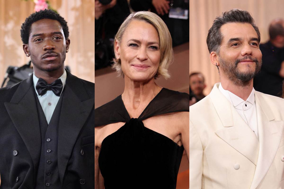 Golden Globes 2026.De izquierda a derecha, los actores Damson Idris ("F1"), Robin Wright ("The Girlfriend") y Wagner Moura ("El agente secreto"), todos en la alfombra roja de la gala.