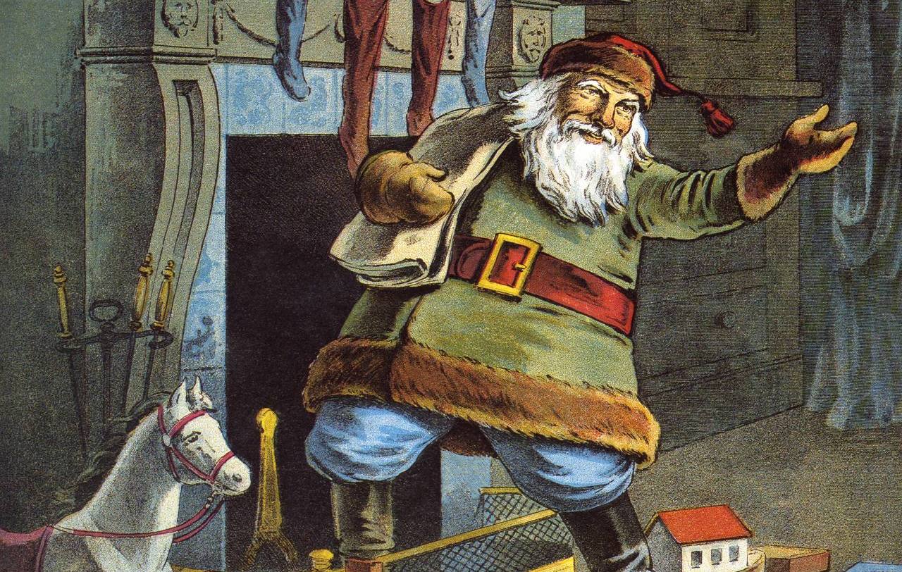 Ilustración del poema “Una visita de San Nicolás” (1822) de Clement Clarke Moore, que muestra a Santa Claus entregando juguetes en Nochebuena, litografía realizada en color por William Roger Snow en 1918. 