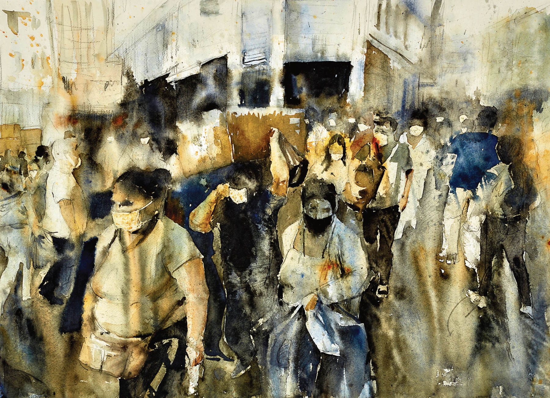 Mascarilla y un distanciamiento imposible es lo que presenta Paul Veraún Torres en uno de los trabajos seleccionados en la muestra. Foto: Centro Cultural Británico.