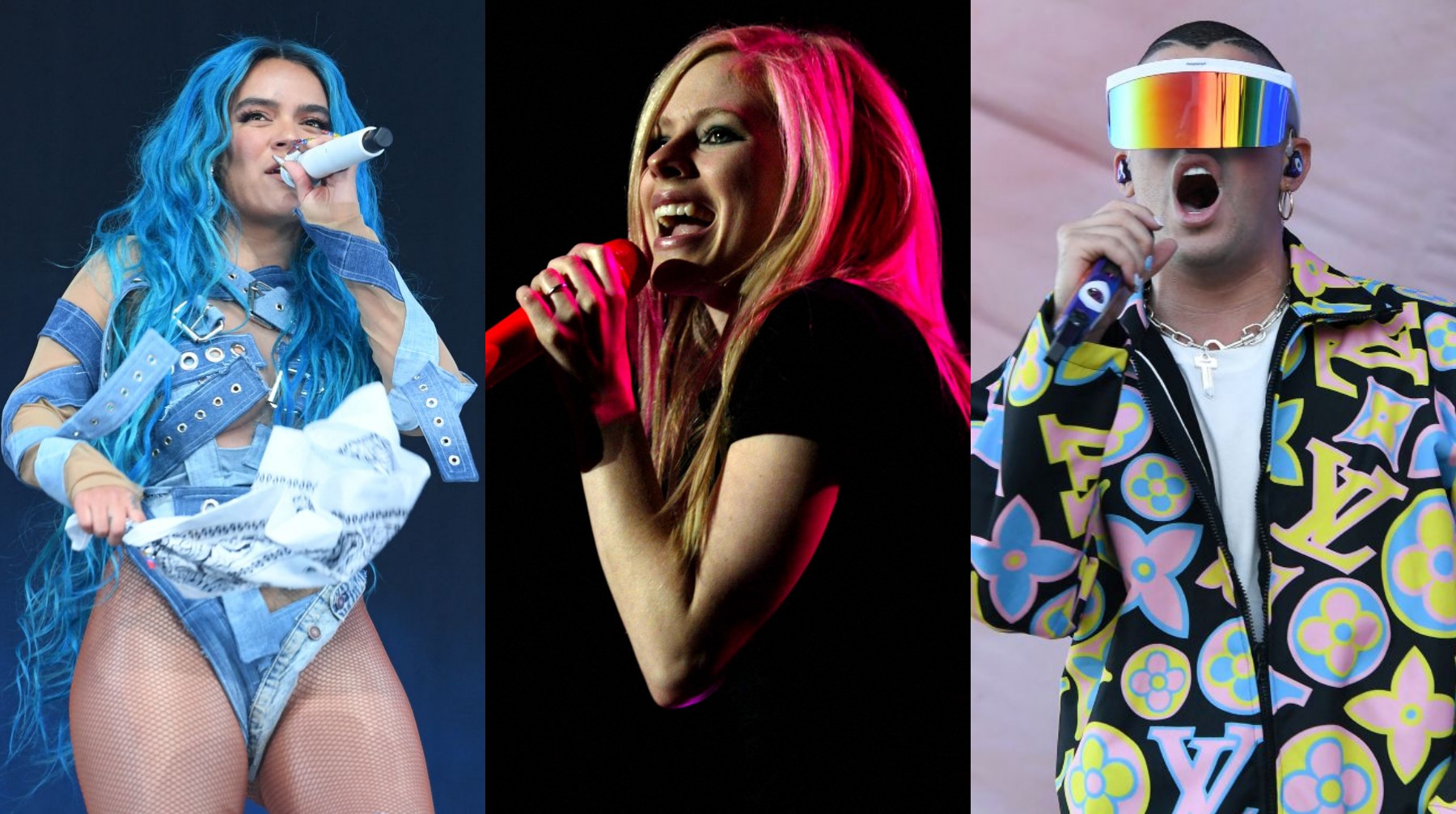 Karol G, Bad Bunny y Avril Lavigne son algunos de los artistas que brindarán conciertos en Lima este 2022. (Fotos: AFP)